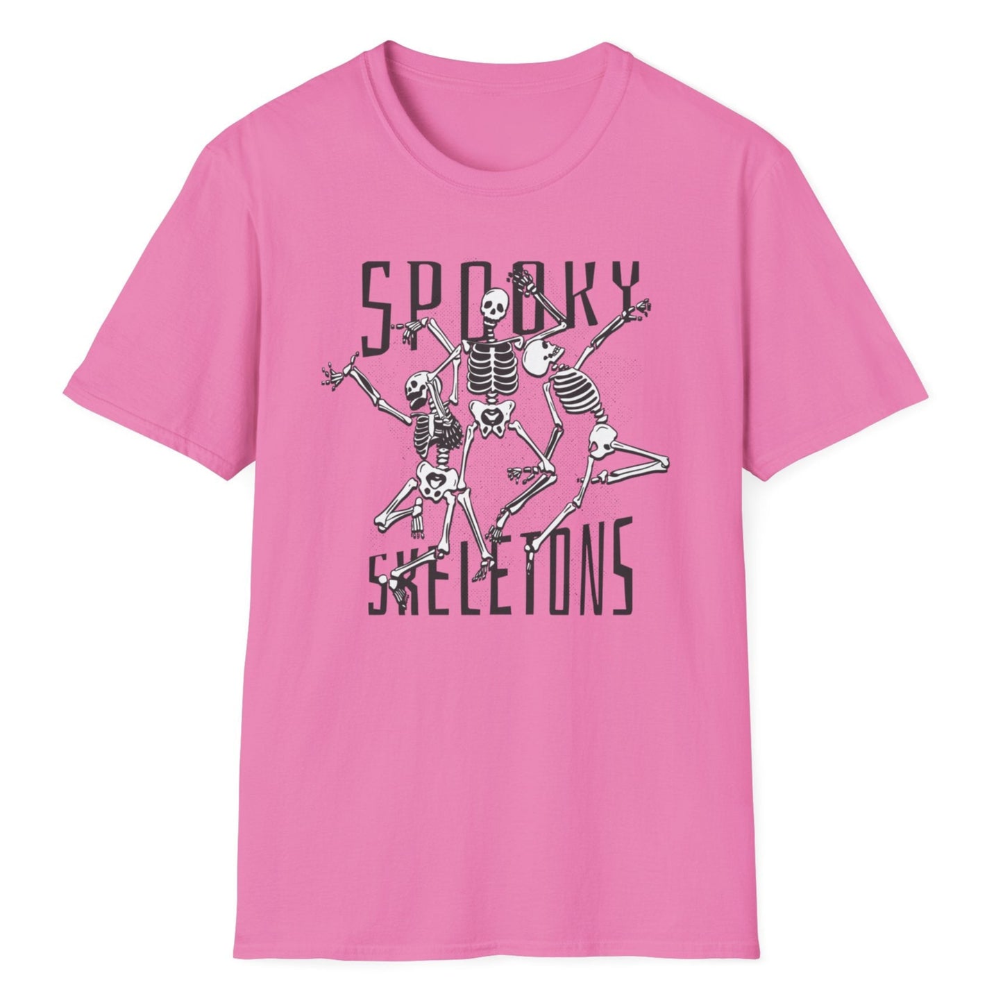 Spooky dancing skeleton illustration with bold typography printed on bright pink t-shirt