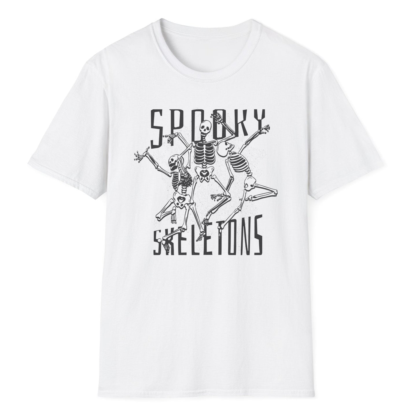 Black printed skeleton dance design with spooky text graphics on classic white cotton t-shirt