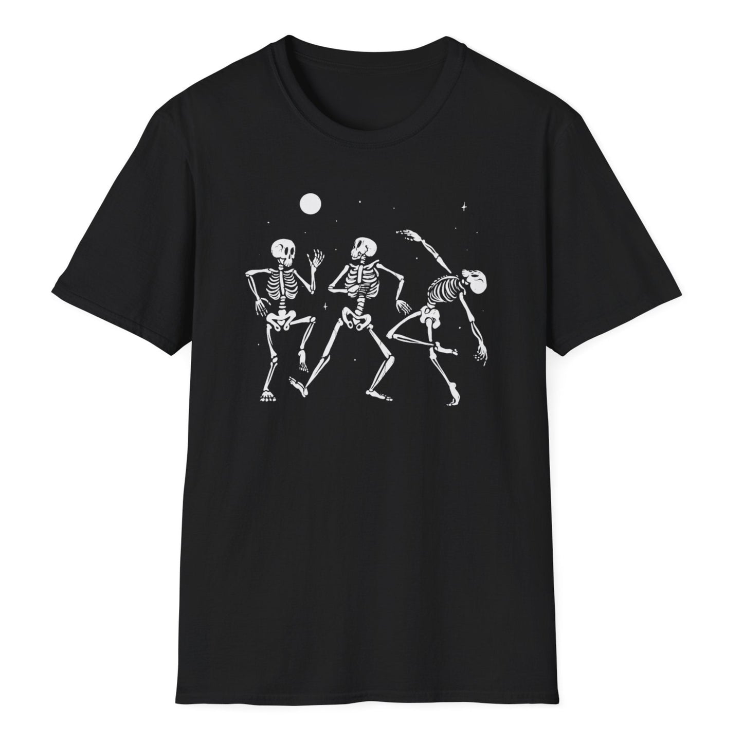 A dancing skeleton trio in various dance moves with the moon and starry night sky above them on a black color t-shirt.