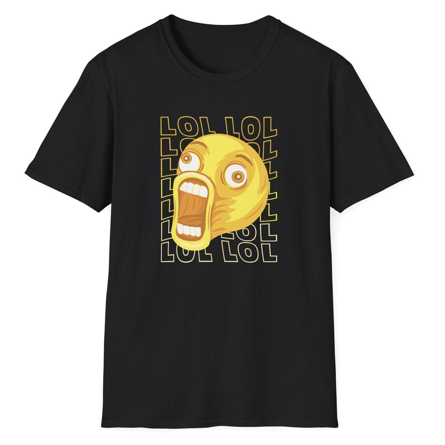 Black tee featuring a bright yellow sarcastic face surrounded by "LOL" letters, shown in a casual bar setting with cocktails.