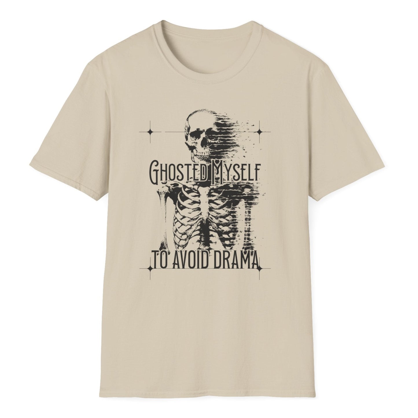 Dark skeleton graphic showing skull transitioning to ribcage with "GHOSTED MYSELF TO AVOID DRAMA" message in bold letters