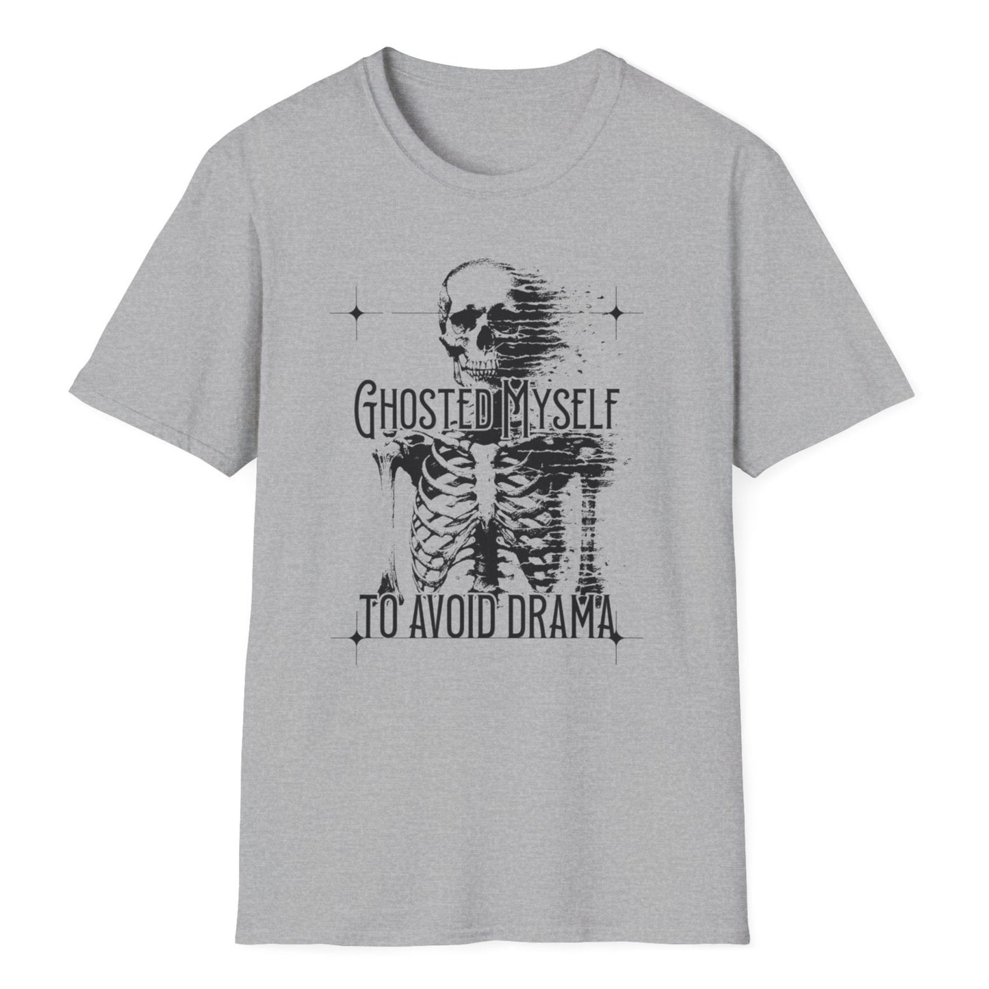 Black ink skeleton illustration with skull and chest bones, displaying "GHOSTED MYSELF TO AVOID DRAMA" text in gothic style