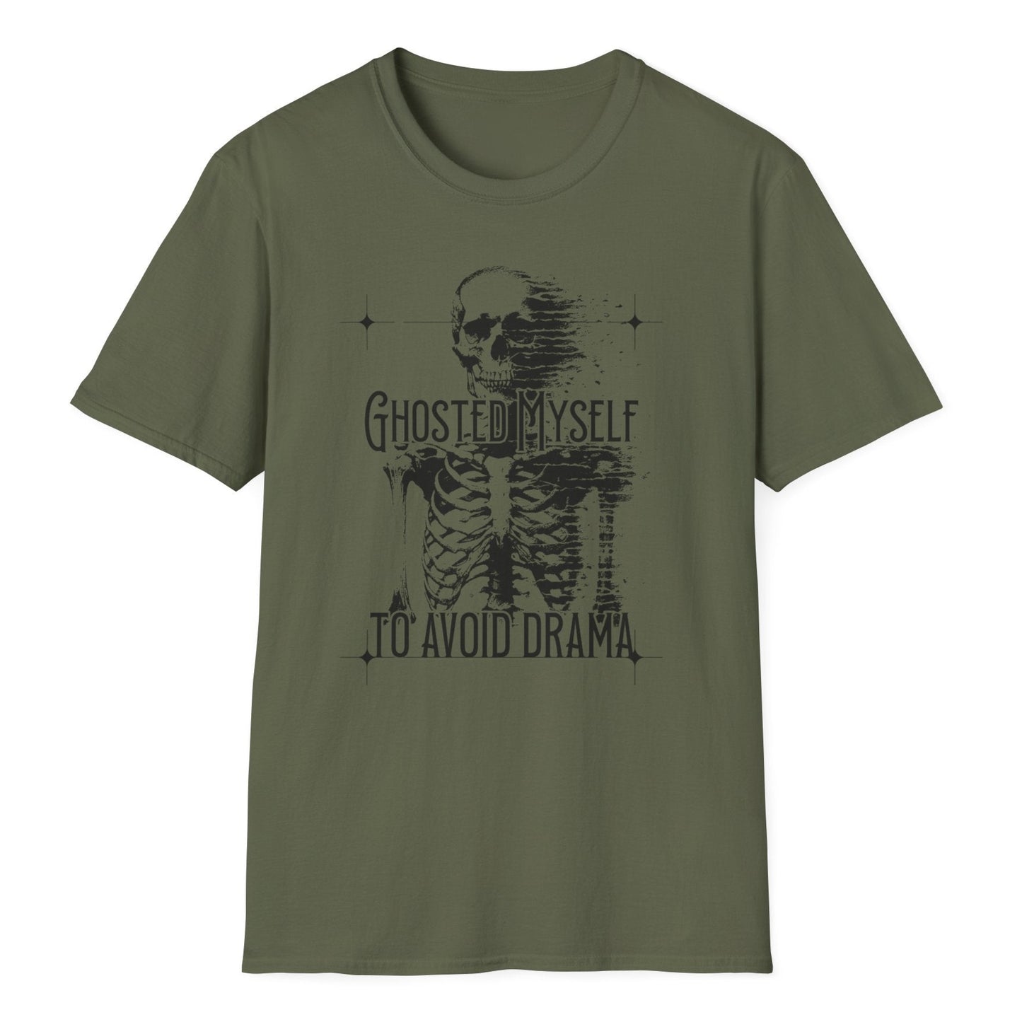 Skeleton artwork featuring detailed skull and ribcage design with "GHOSTED MYSELF TO AVOID DRAMA" typography in dark print