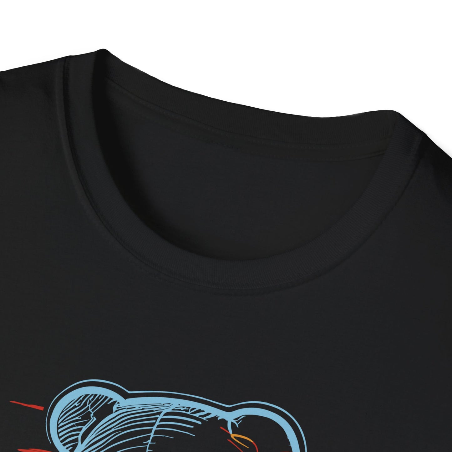Close-up of black Gildan 64000 t-shirt with reinforced collar and partial neon wireframe bear design in electric blue