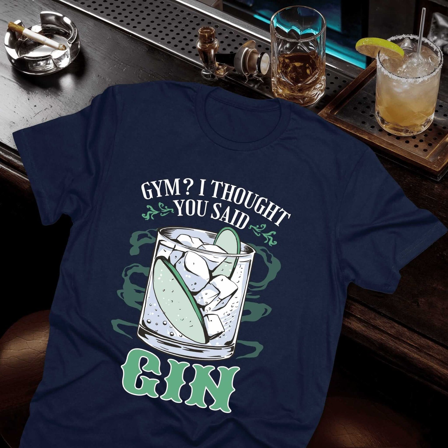 Navy blue shirt featuring a gin and tonic glass with "Gym? I Thought You Said Gin" humorous fitness quote