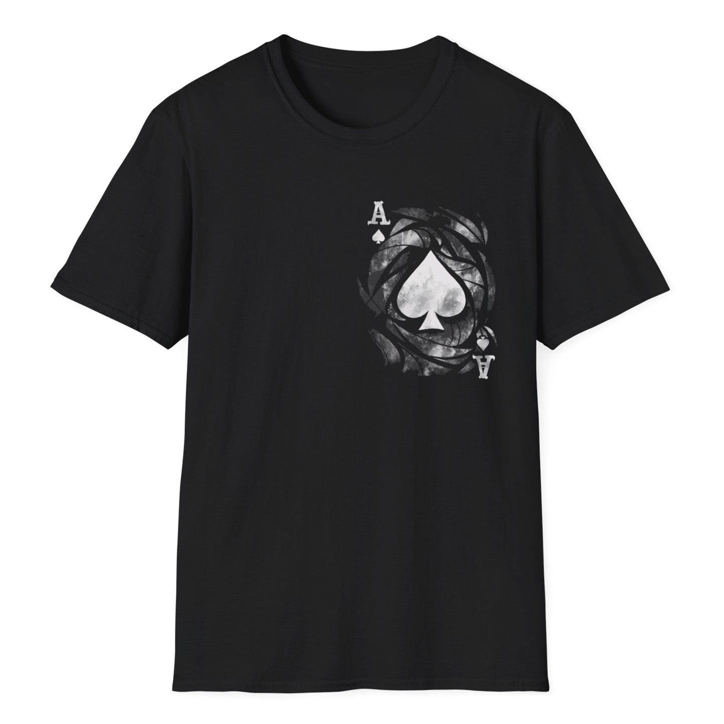 Distressed black and white Ace of Spades design with grunge texturing, scratched surface, and weathered playing card details