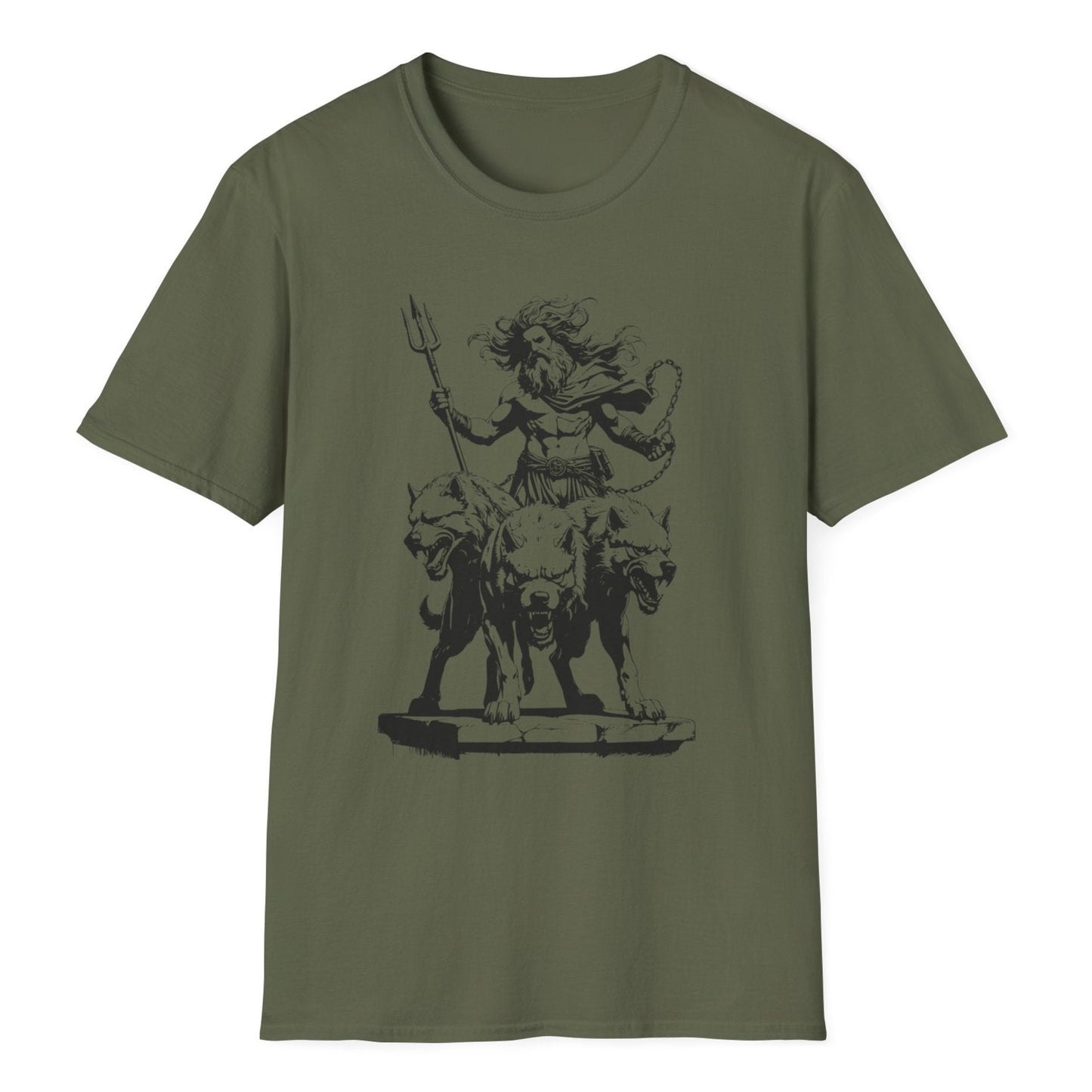 Detailed mythological illustration showing Greek god Hades with flowing hair controlling snarling Cerberus hound on the green