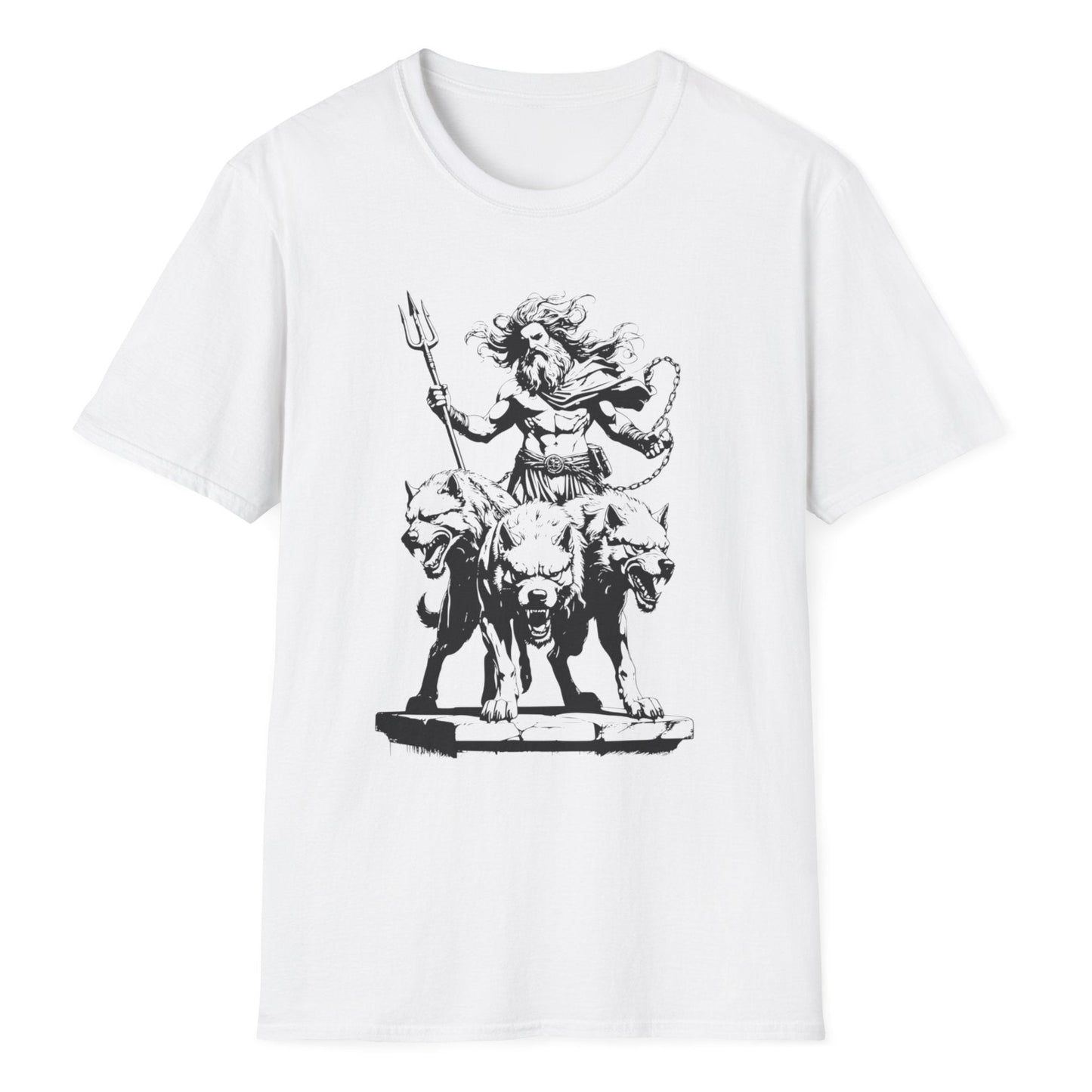 Black line art of bearded Hades wielding trident while commanding three-headed Cerberus dog on stone platform