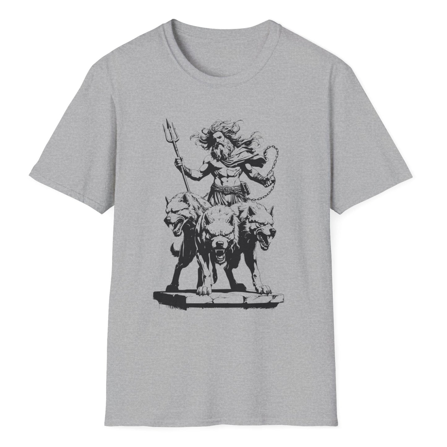 Gothic sketch of Hades god holding chains and staff above menacing three-headed Cerberus with bared fangs