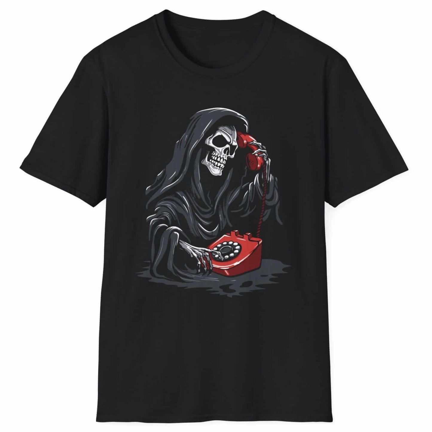 Black Gildan t-shirt featuring Grim Reaper with skull face answering red rotary phone, Halloween design on quality cotton tee