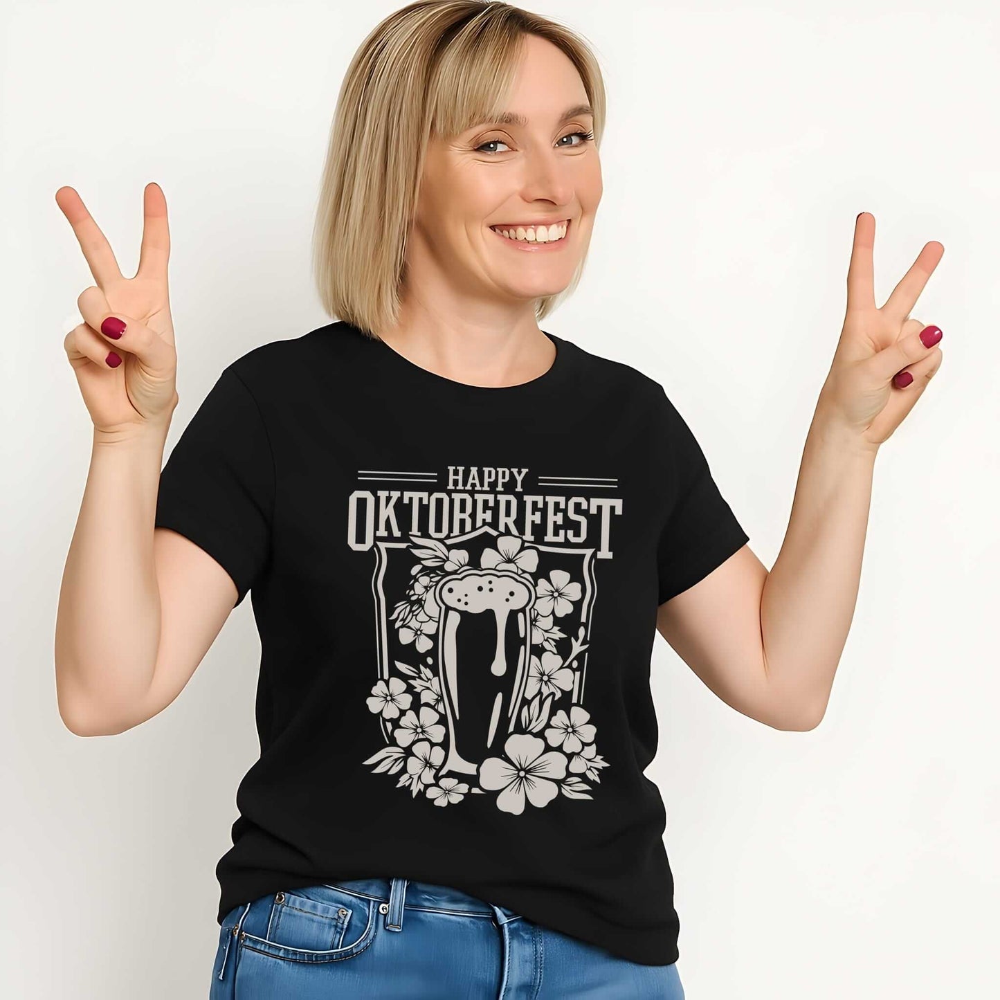 Happy Oktoberfest text with frothy beer mug surrounded by detailed floral border featuring flowers and leaves in white design