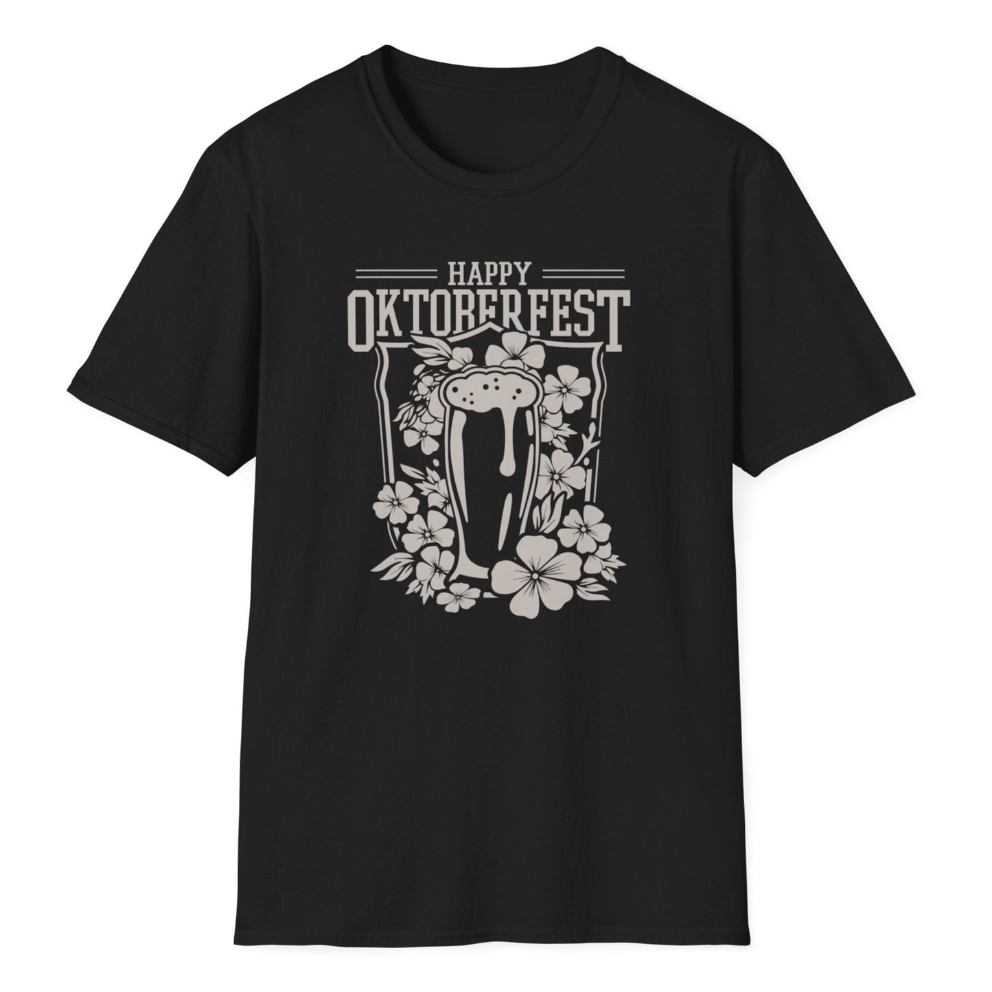 Happy Oktoberfest text with frothy beer mug surrounded by detailed floral border featuring flowers and leaves in white design