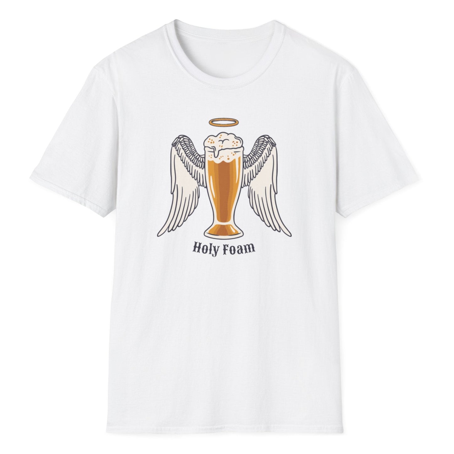 Angel wings beer glass illustration with halo, showing golden beer with foam head and Holy Foam text in contrasting colors.