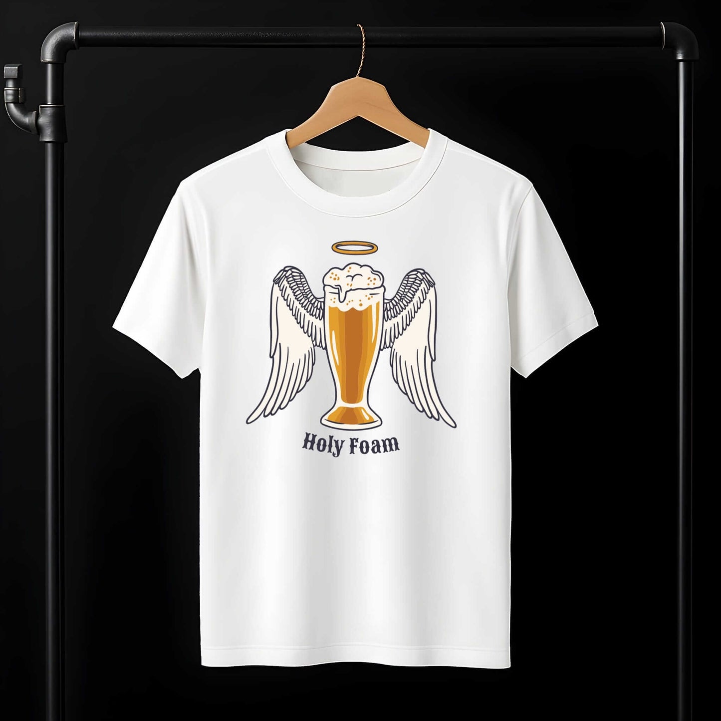 Holy Foam beer glass with white angel wings and golden halo design on white fabric, featuring foamy beer and decorative text.