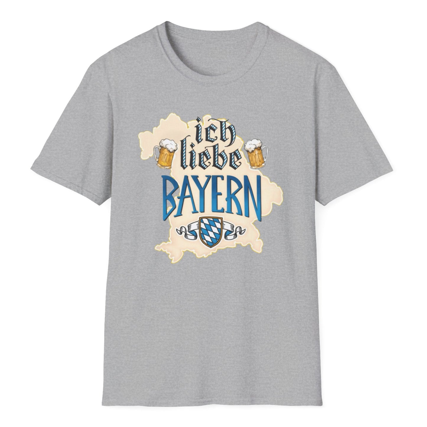 Gray tee with German Oktoberfest graphics with foamy beer steins, Bavaria shield emblem, and decorative vintage scrollwork.