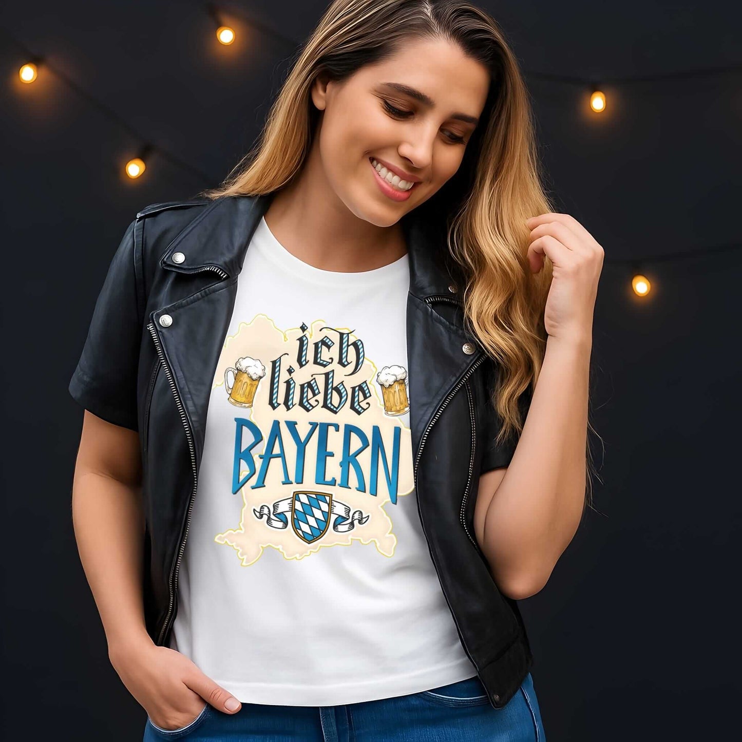 White t-shirt with Ich Liebe Bayern design featuring beer mugs, Bavarian coat of arms, and blue Bayern text in Gothic style.