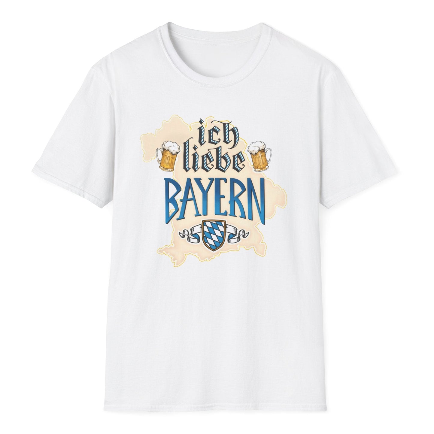 White shirt with German beer festival design showing frothy mugs, blue diamond Bavarian crest, distressed Bayern typography.