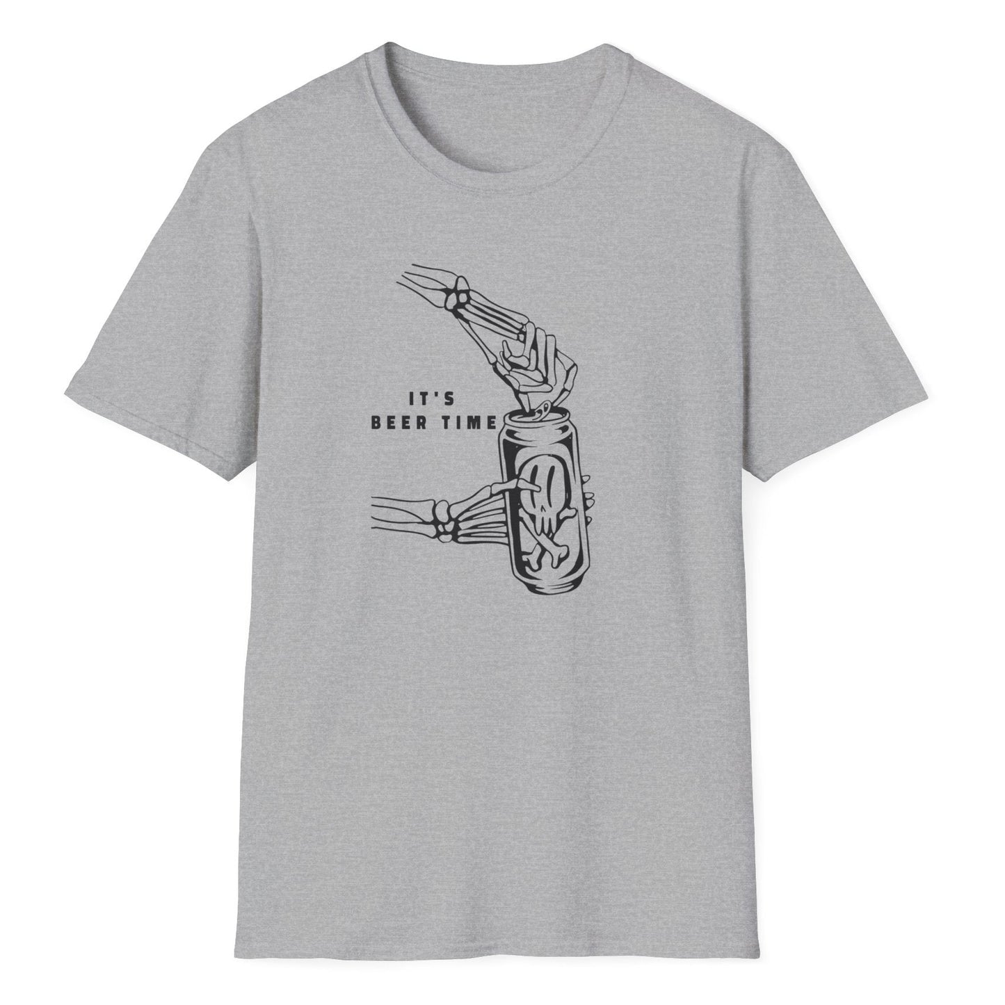 Hand-drawn illustration showing a hand holding a beer can, IT'S BEER TIME lettering, monochrome drinking design on gray shirt