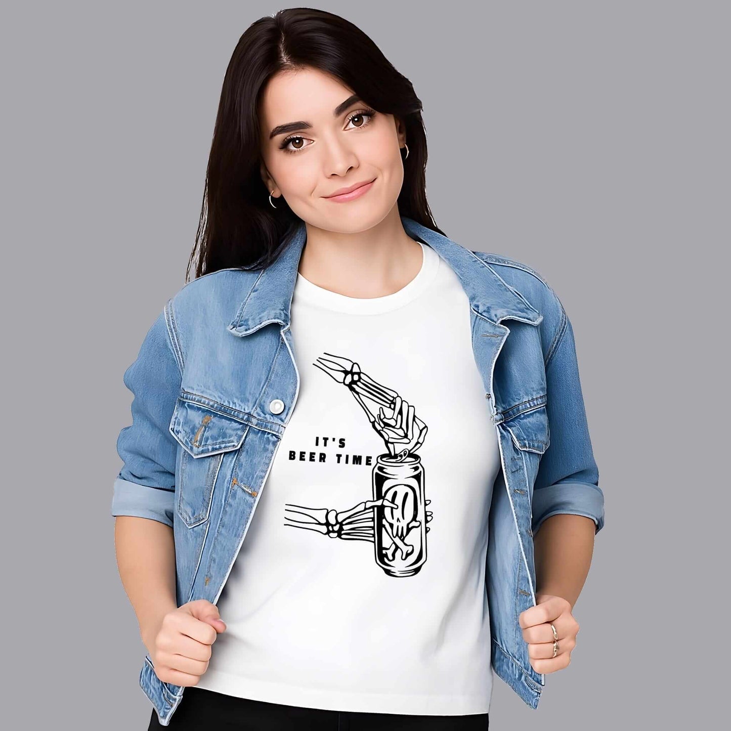 Black line art of hand gripping beer can with bold IT'S BEER TIME text, minimalist sketch-style drinking graphic on white tee