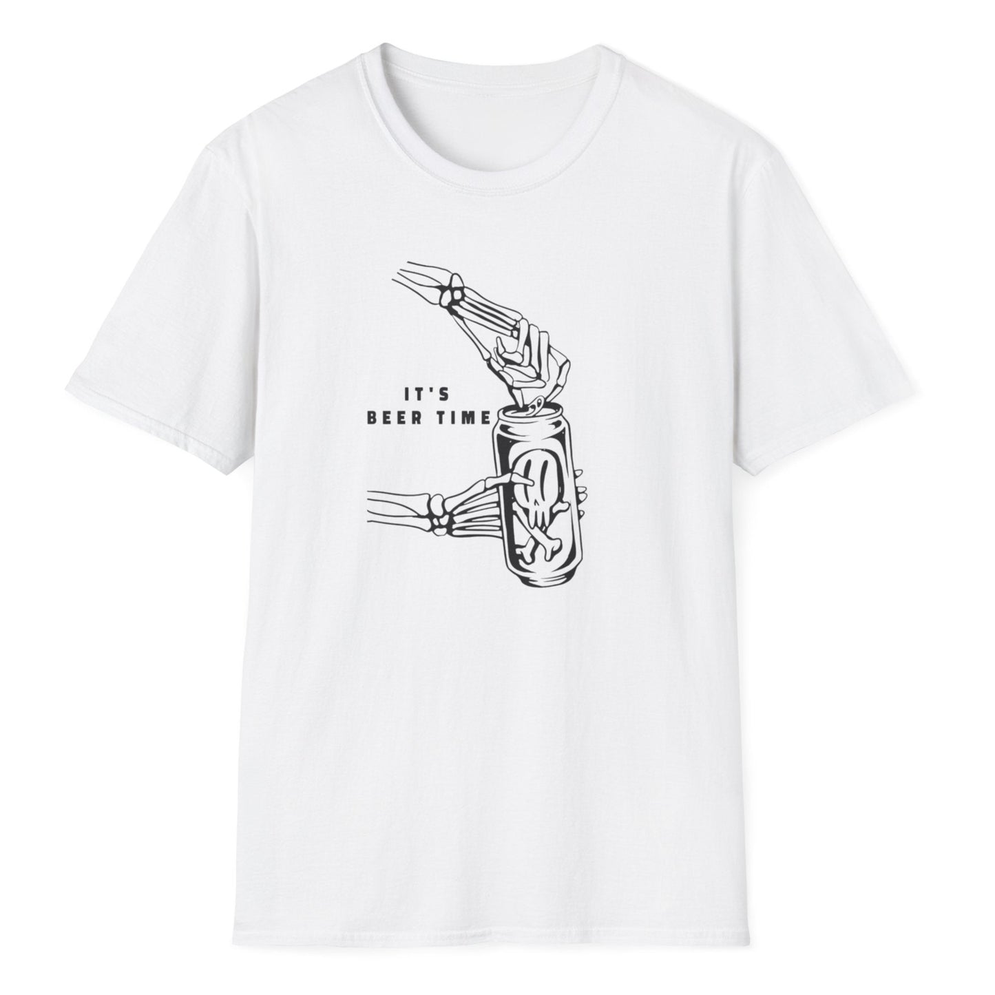 Beer lover's graphic featuring detailed hand clutching can with IT'S BEER TIME motto, black ink style design on white fabric