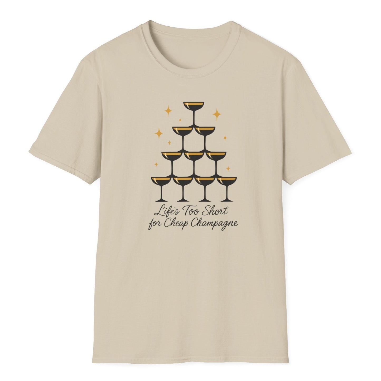 Delicate champagne glass tower with radiant gold details, featuring the phrase in refined black handwritten style