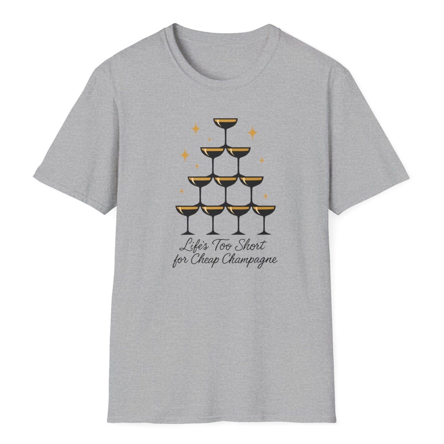 Gleaming pyramid of bubbly glasses, adorned with gold sparkles and classic black script Life’s Too Short for Cheap Champagne.
