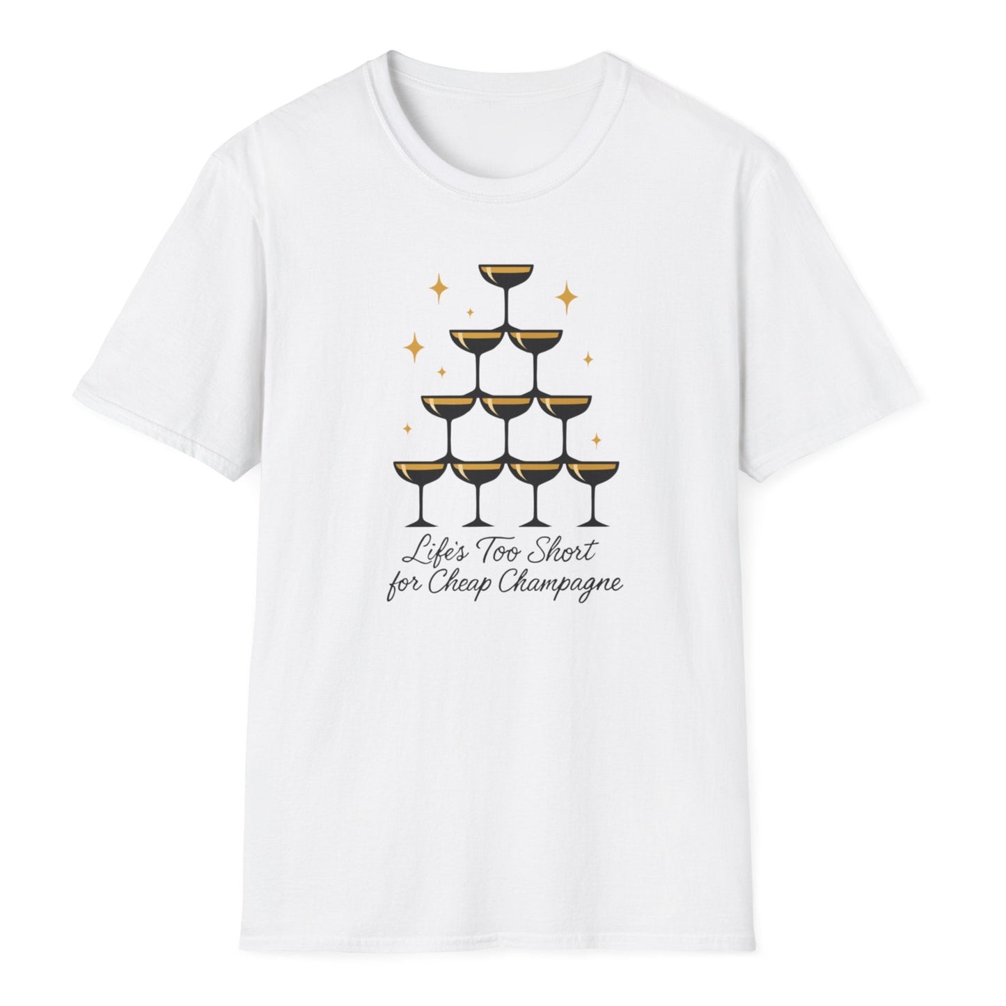 Crisp display of gold-rimmed champagne glasses stacked in a pyramid, paired with bold black lettering in an artful flourish.