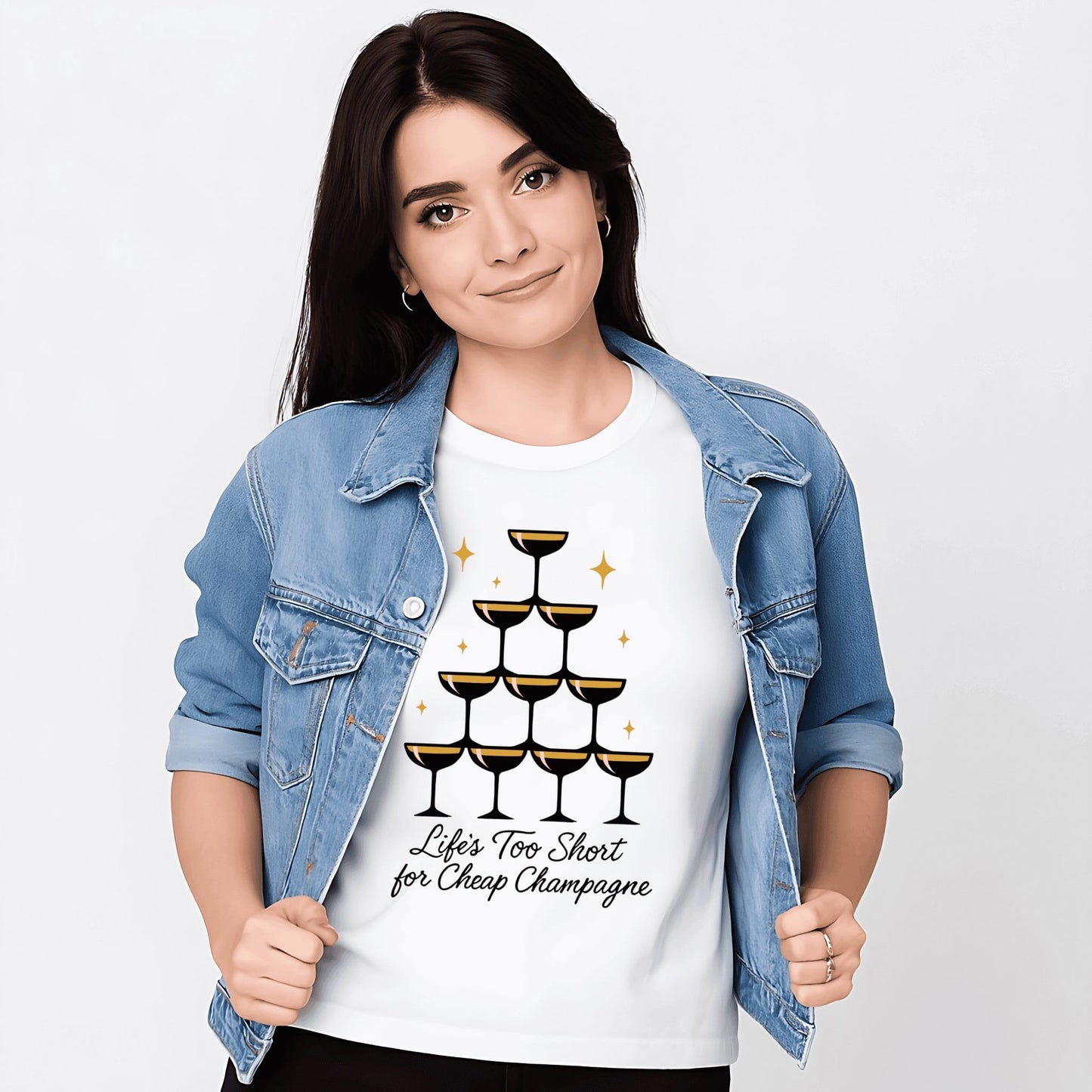 Stacked golden champagne flutes with shimmering accents and elegant black cursive saying “Life’s Too Short for Cheap Champagne.”