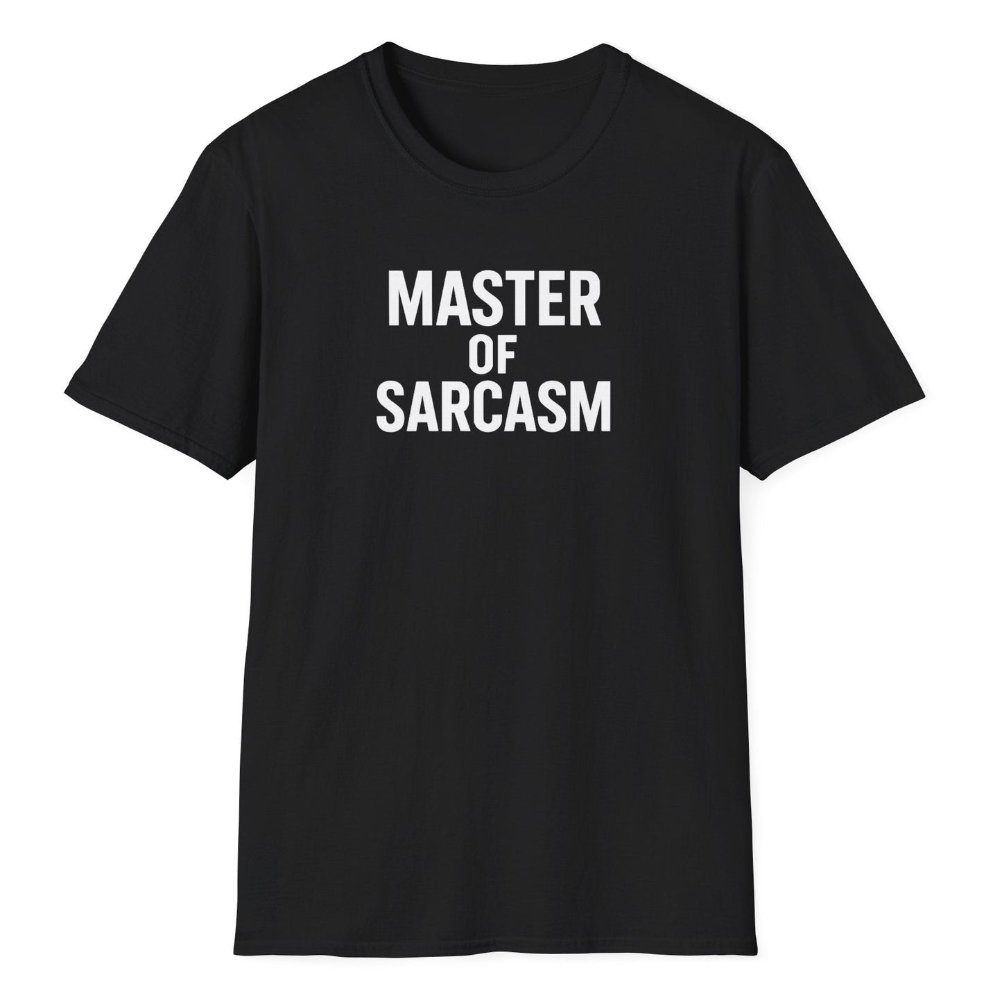 White block lettering spelling "MASTER OF SARCASM" in bold, condensed sans-serif font, arranged in three stacked lines
