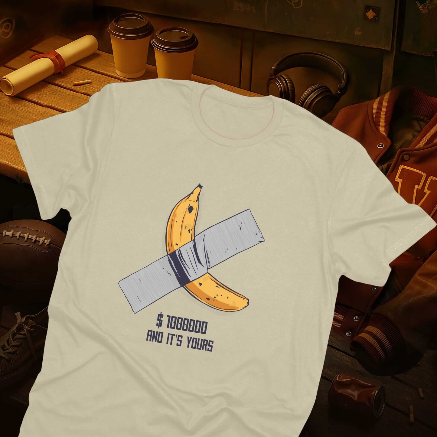 Yellow banana secured with silver duct tape, featuring humorous '$1000000 and it's yours' caption below on the beige t-shirt.