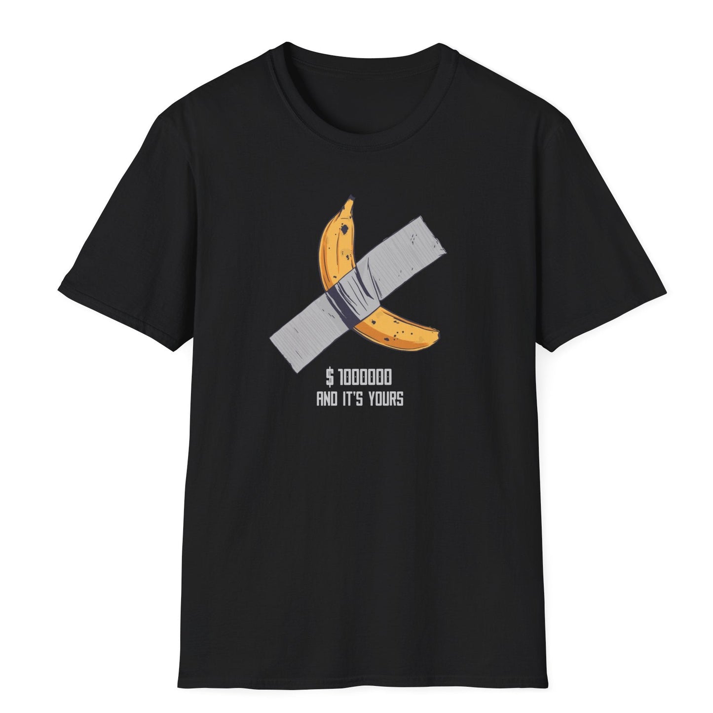 Taped banana with '$1000000 and it's yours' slogan, spoofing a ridiculously priced contemporary art auction on the black tee.