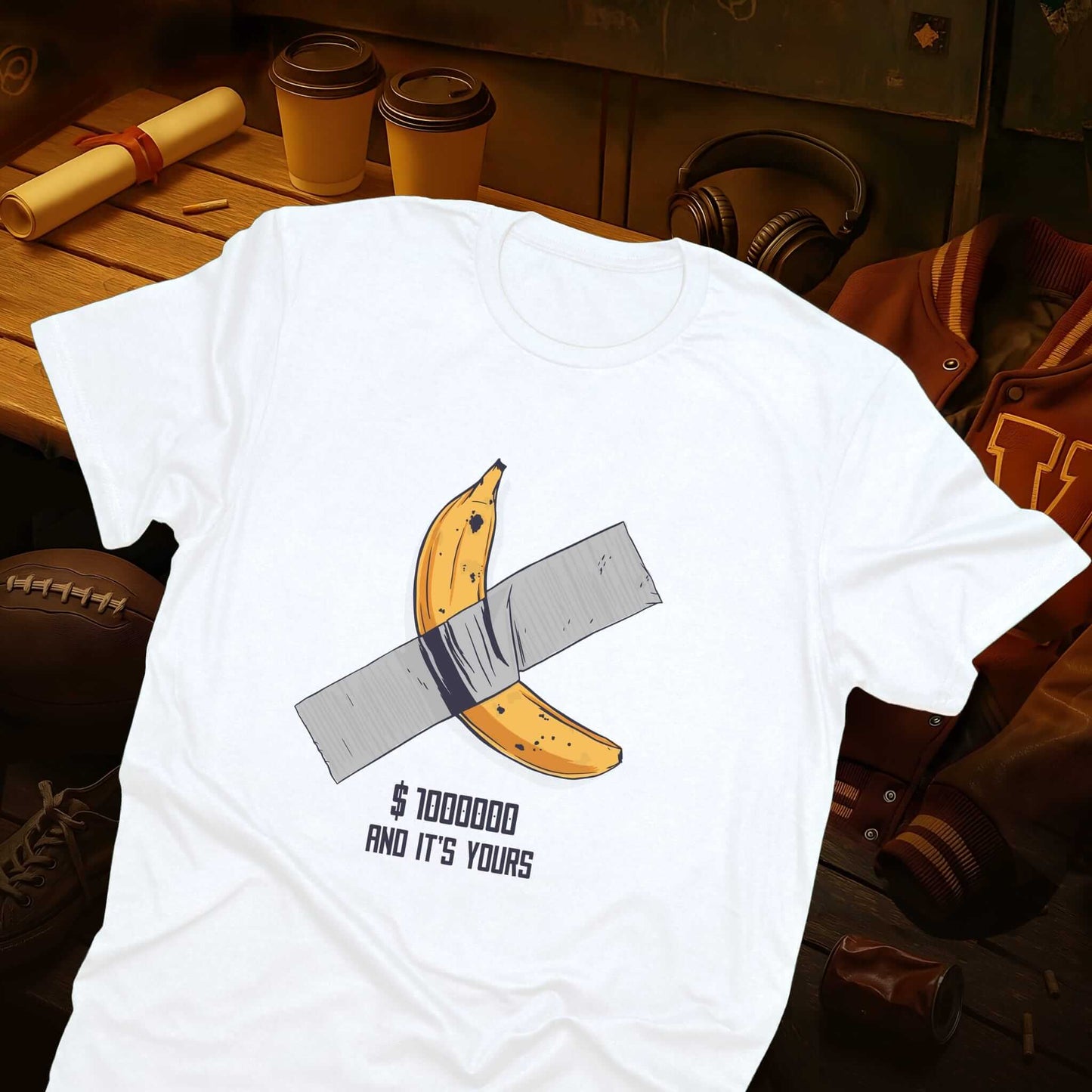 Banana duct-taped with gray tape above 'million dollar and it's yours' text, parodying an expensive modern art piece