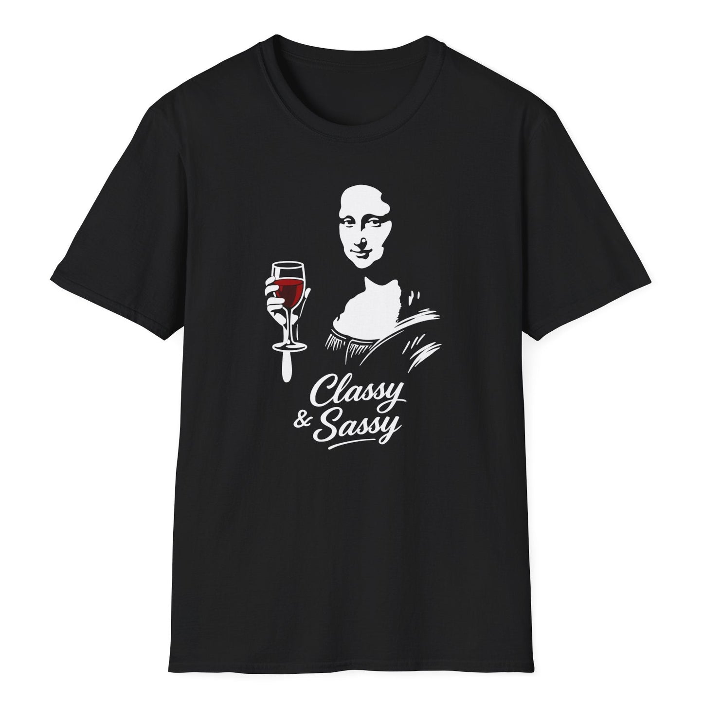 Black t-shirt with Mona Lisa holding a wine glass and 'Classy & Sassy' text below in elegant script font, Vice & Tees design.