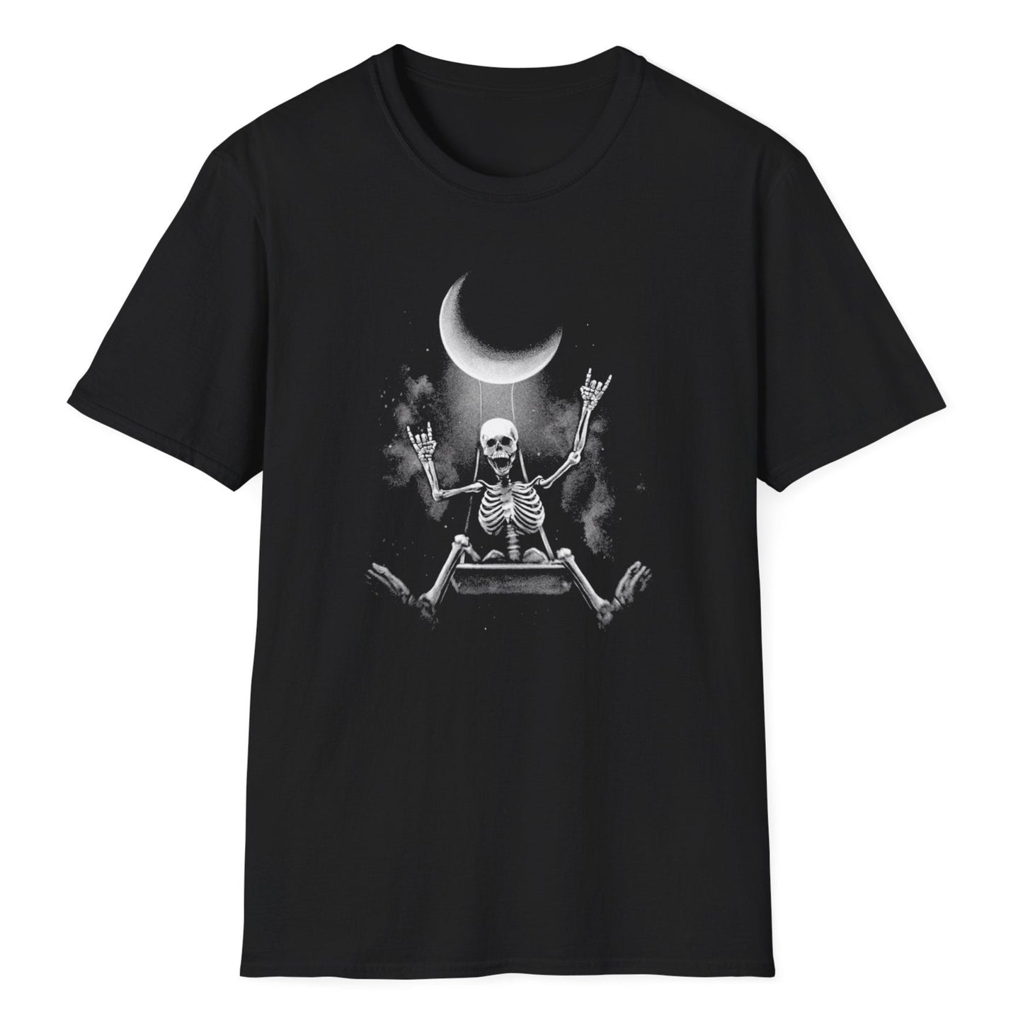 A Gothic skeleton figure in a funny pose with uplifted arms beneath a glowing crescent moon on a black tee shirt.