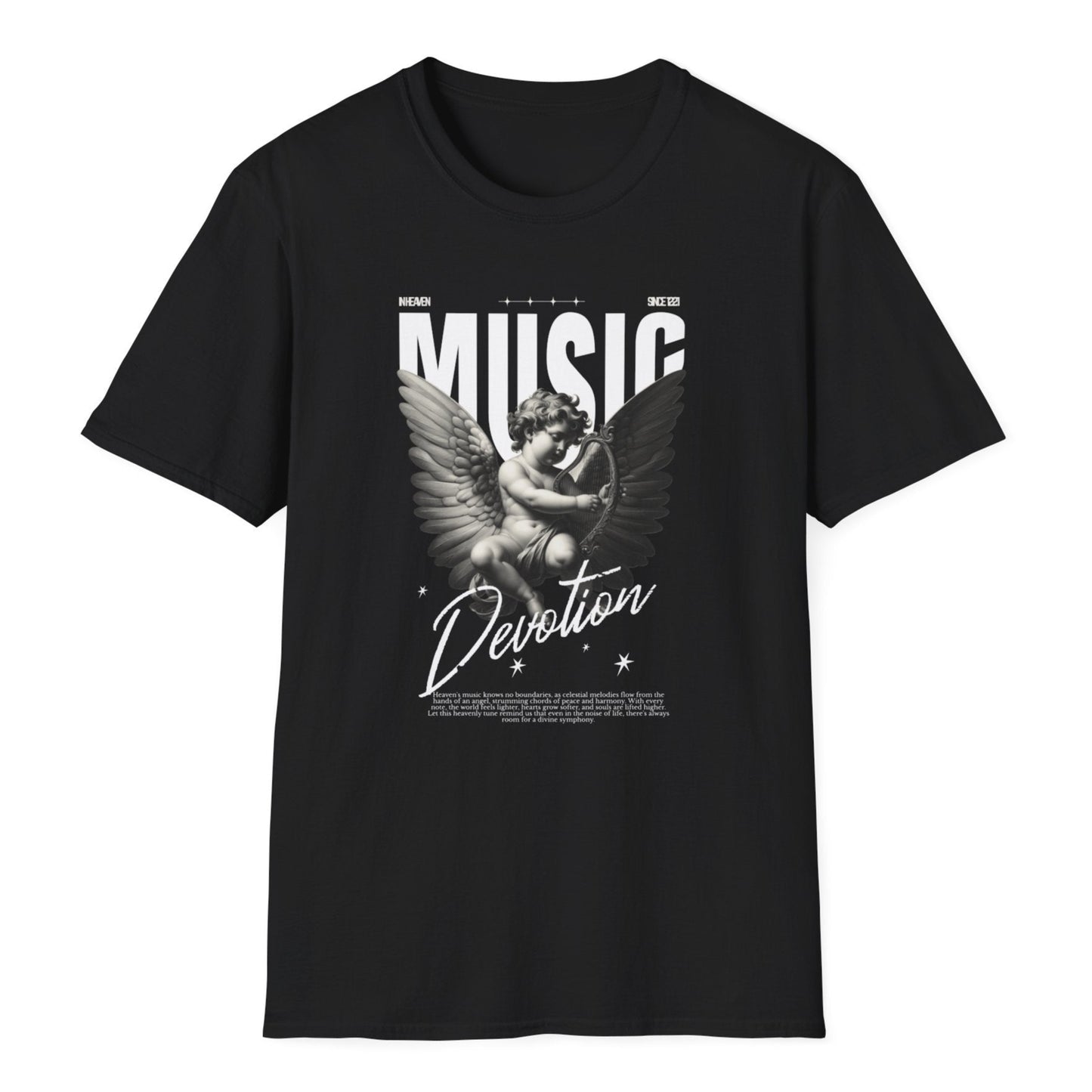 Music-themed black shirt featuring bold white typography, a classical winged statue illustration, and elegant script text.