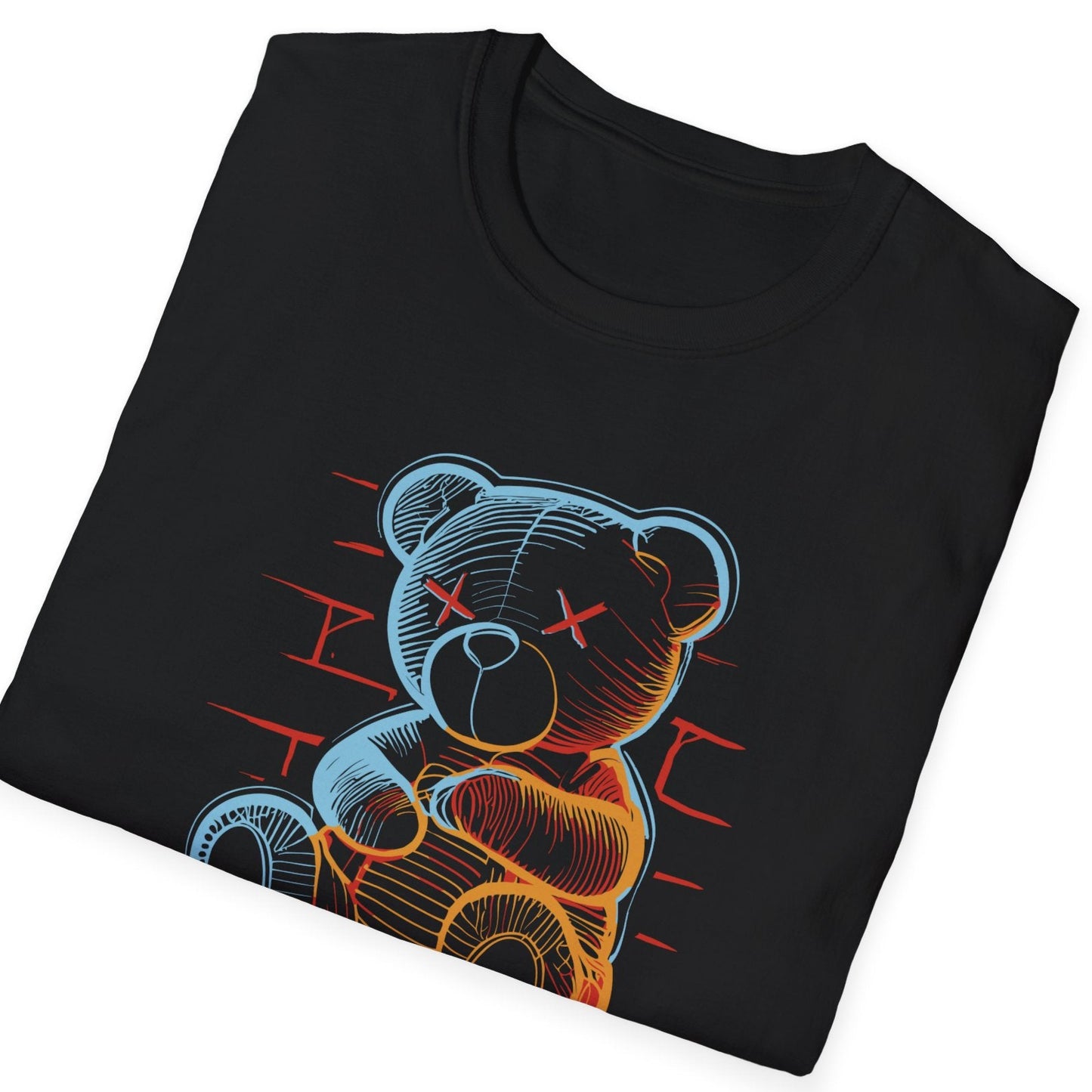 Folded black t-shirt with neon wireframe teddy bear design in electric blue and orange colors with red accent lines