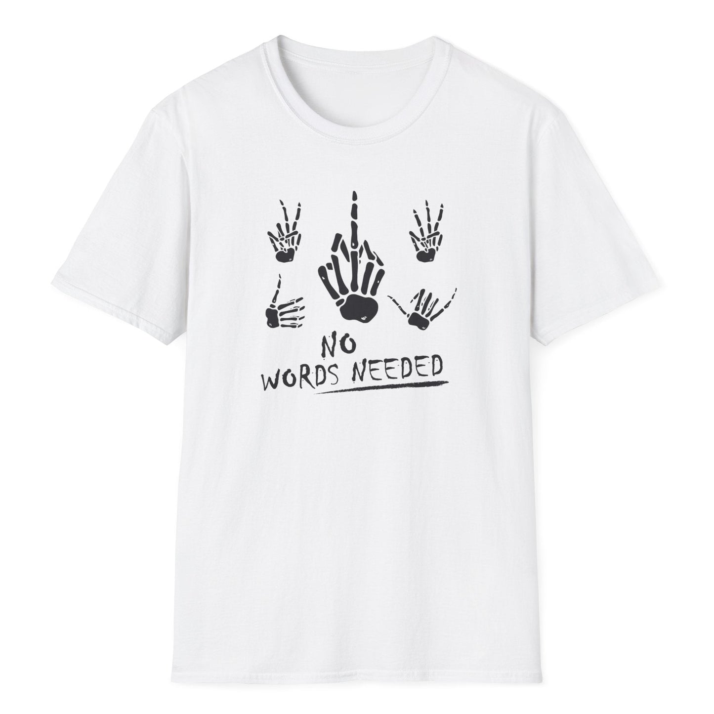 Five black skeletal hands in various gestures arranged in grid formation with NO WORDS NEEDED text below in handwritten style