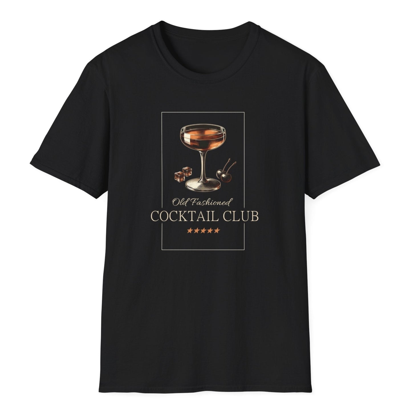Old-money-style cocktail design with whiskey glass, a cherry, "Old Fashioned COCKTAIL CLUB" lettering with gold star accents.