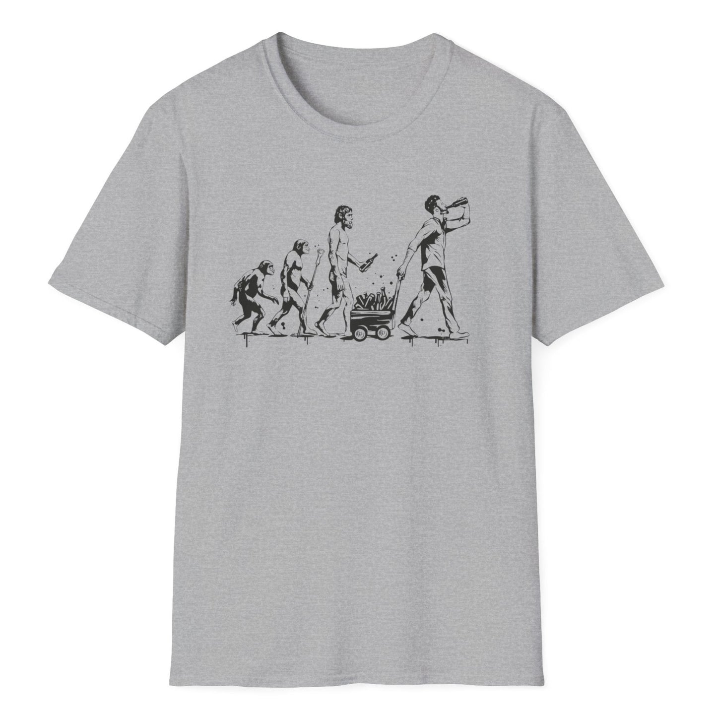 An evolution sequence depicting the transition from a primitive figure to an upright person with a beverage cooler, gray tee