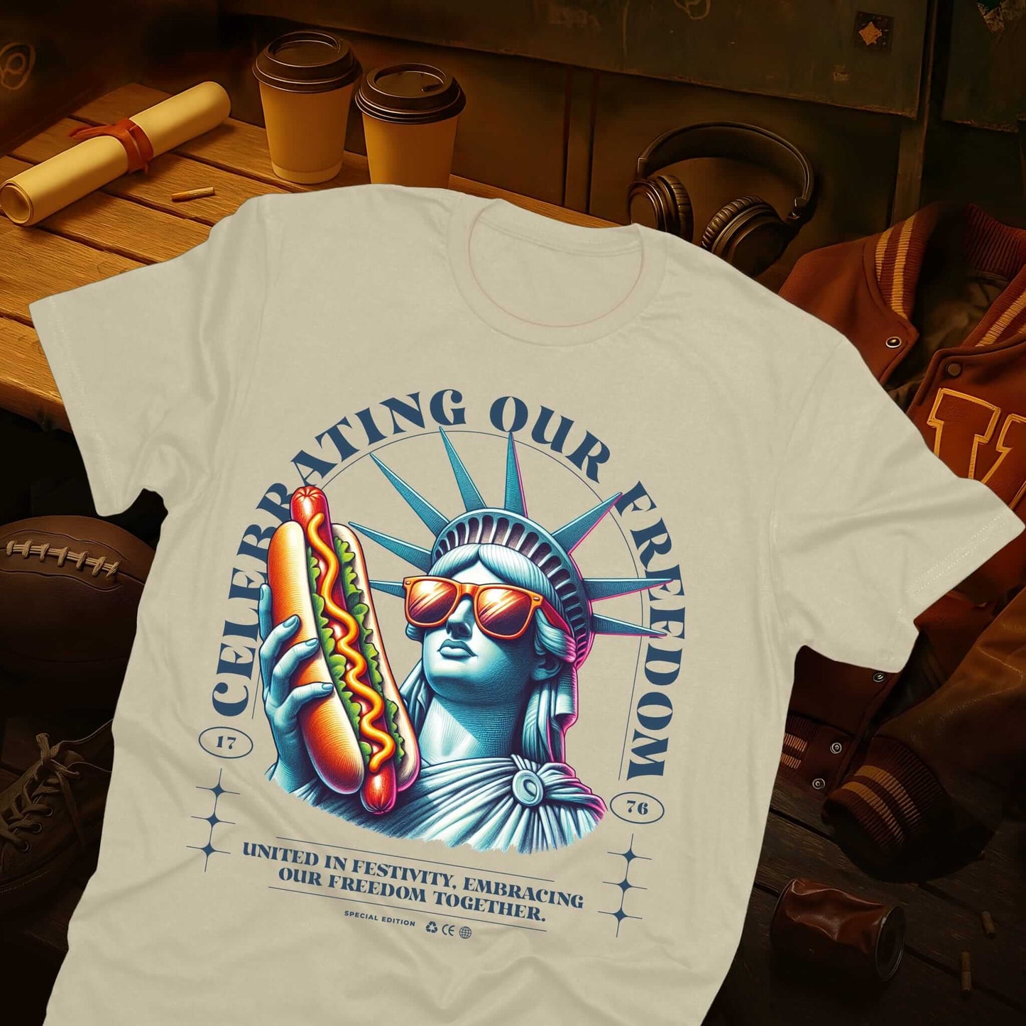 "Celebrating Our Freedom" Lady Liberty hot dog design, United in Festivity, Embracing Our Freedom Together text on beige tee