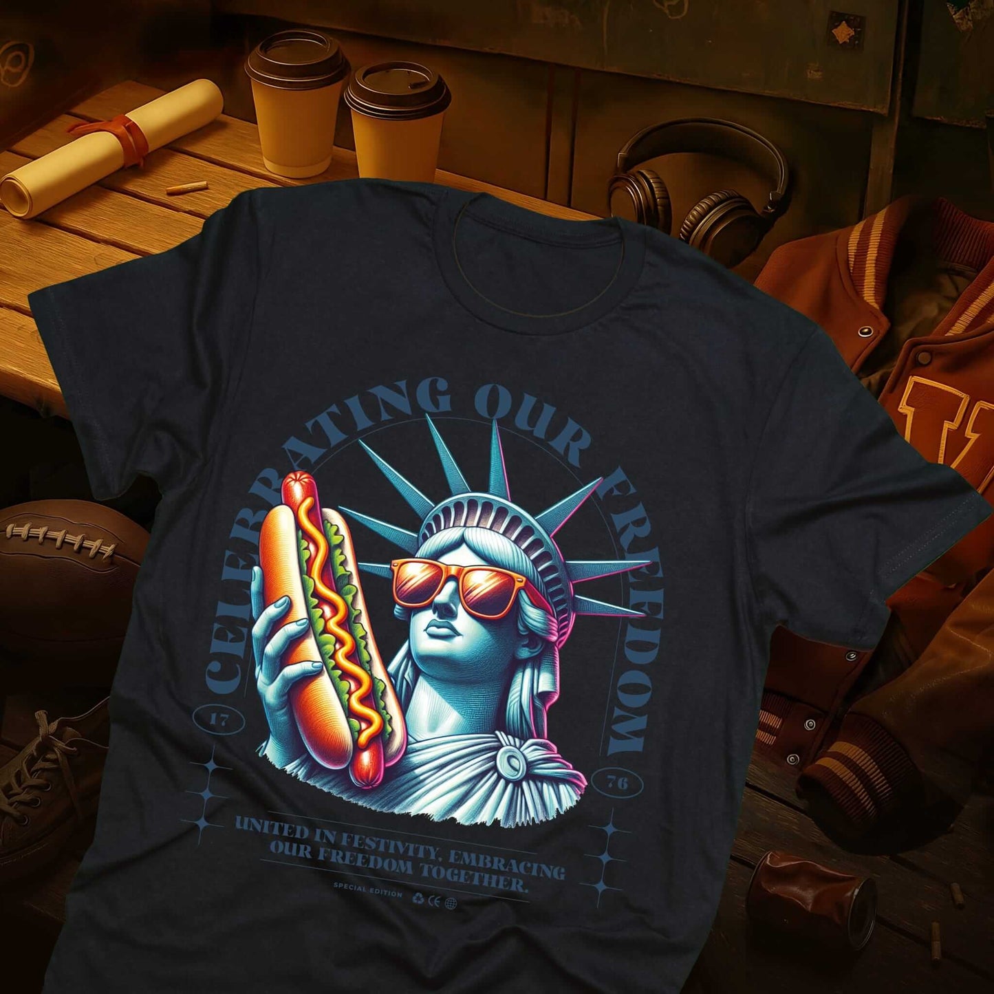 Statue of Liberty with shades clutching hot dog, vintage Americana graphics with bold typography on black tee by Vice & Tees