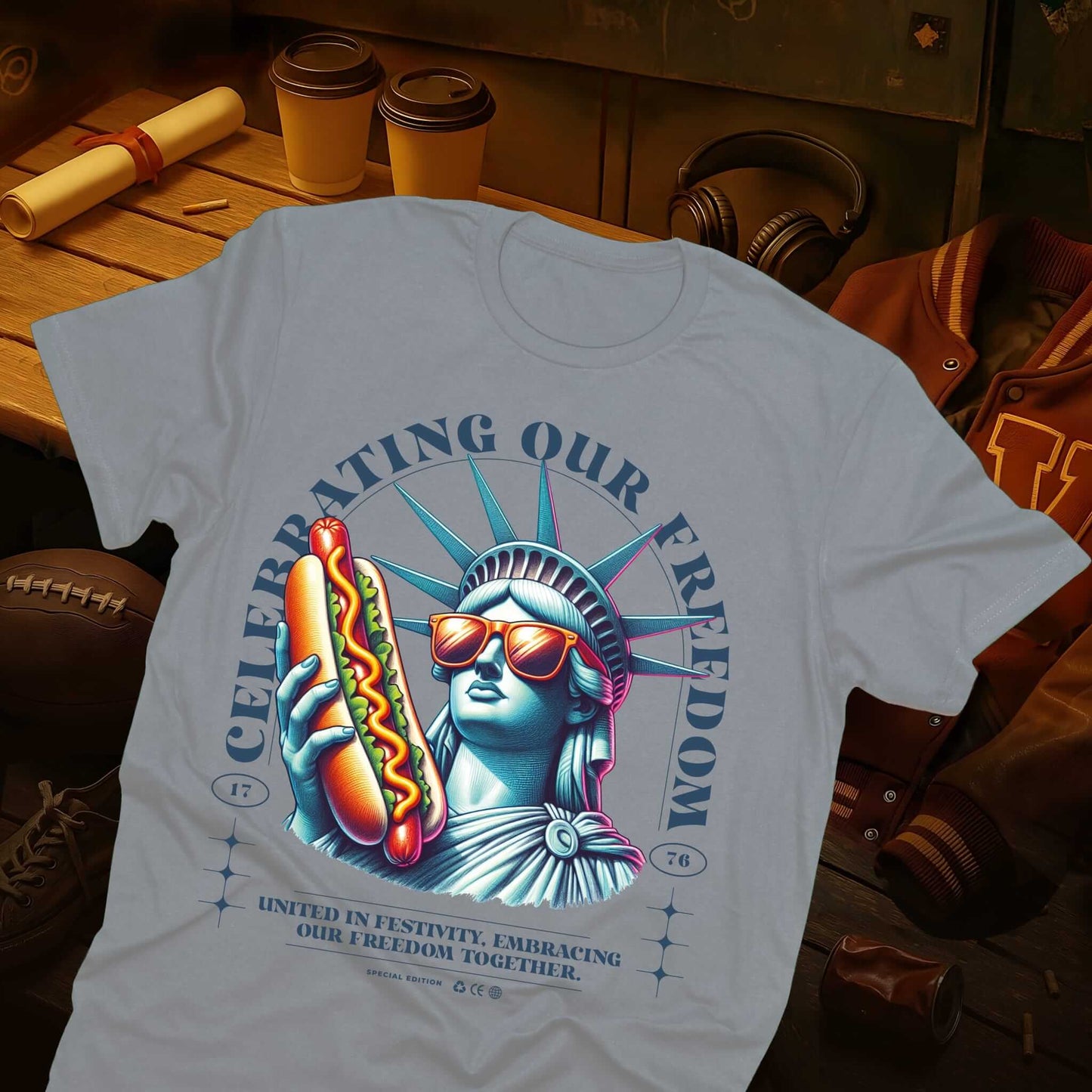 Cool Liberty statue wearing sunglasses with loaded hot dog, retro American freedom parody graphic on military gray t-shirt