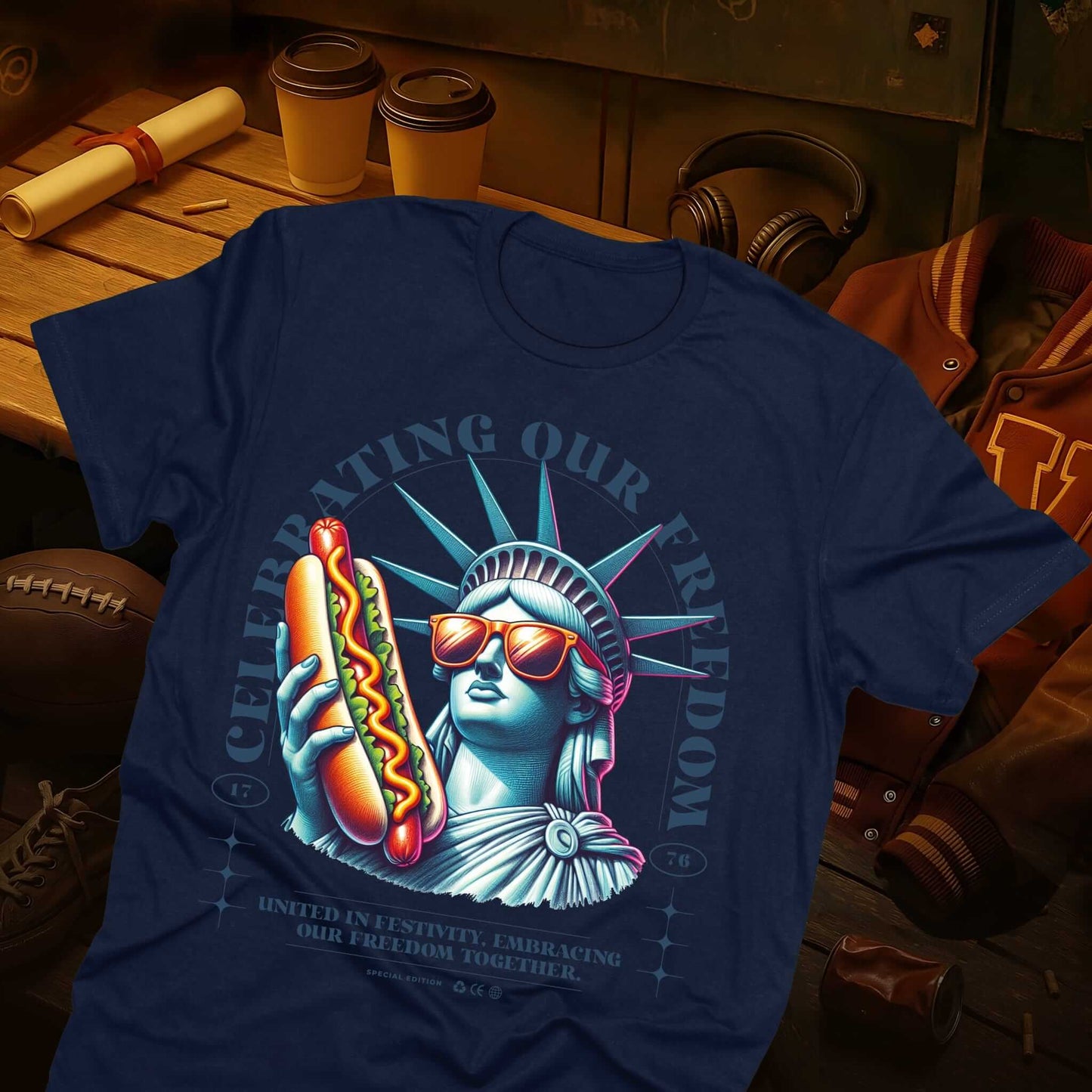"United in Festivity, Embracing Our Freedom Together" design featuring Lady Liberty holding a hot dog on navy blue t-shirt