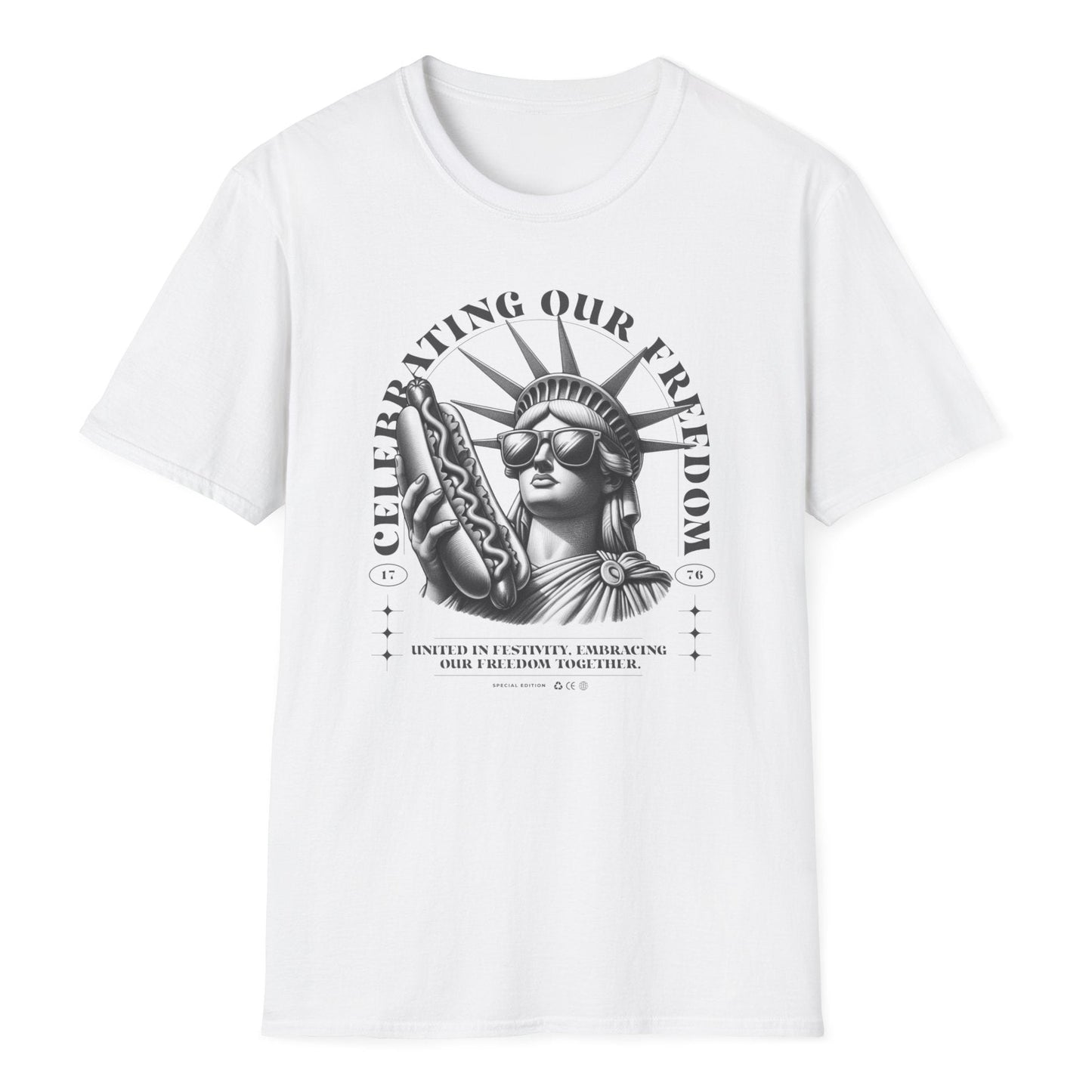 White t-shirt with graphic of Statue of Liberty wearing sunglasses holding hot dog, text 'CELEBRATING OUR FREEDOM' above