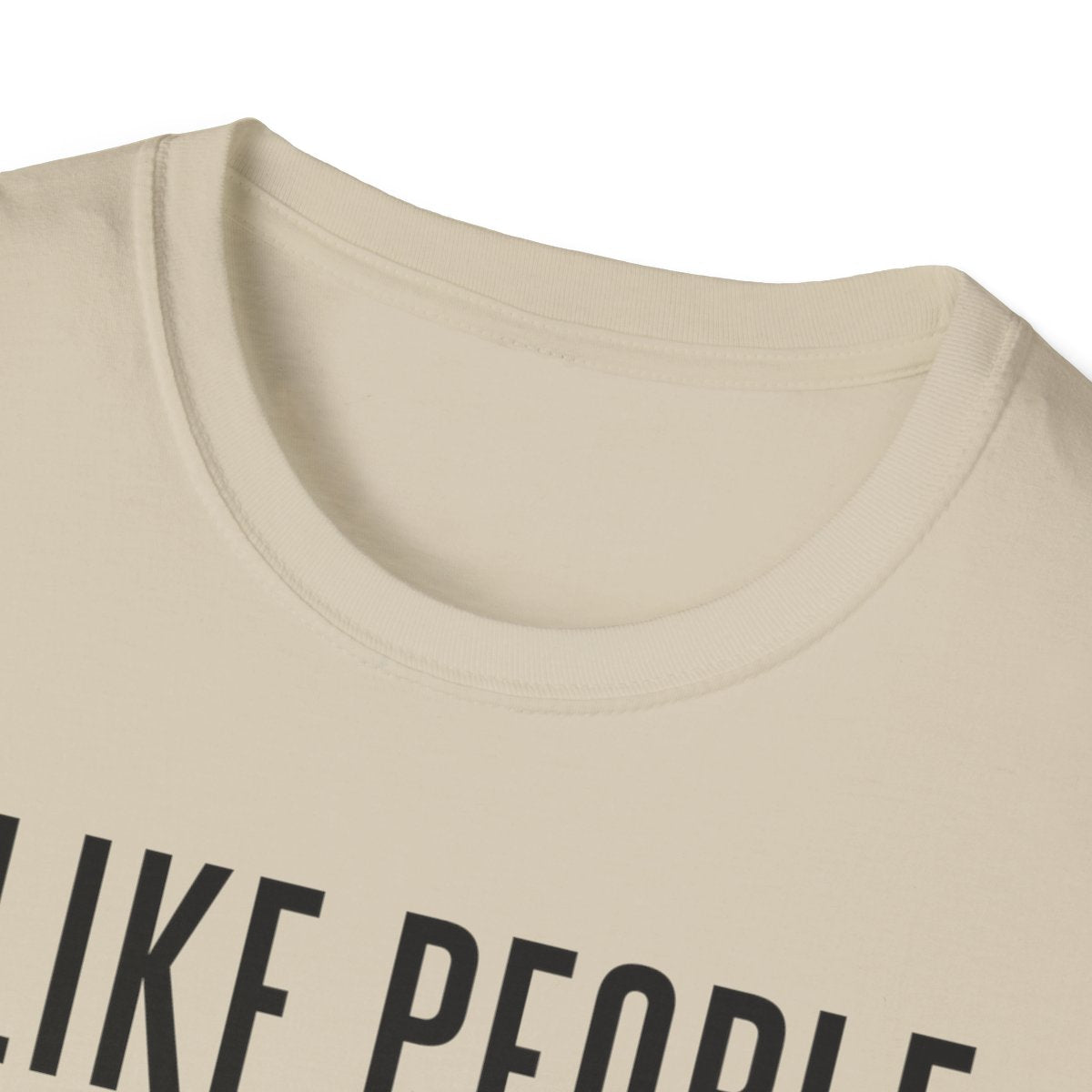 Close-up view of beige Gildan 64000 t-shirt showcasing the high-quality ribbed collar construction and smooth fabric texture