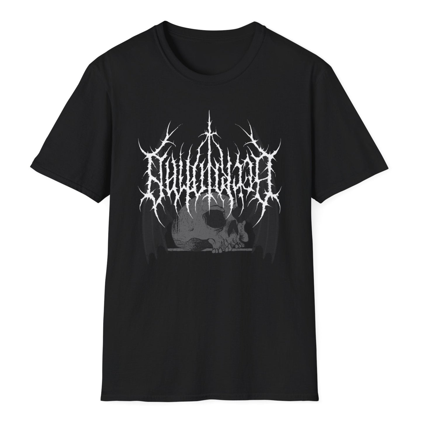 Intricate gray skull artwork beneath an elaborate, angular pattern with sharp spikes and gothic embellishments on a black tee