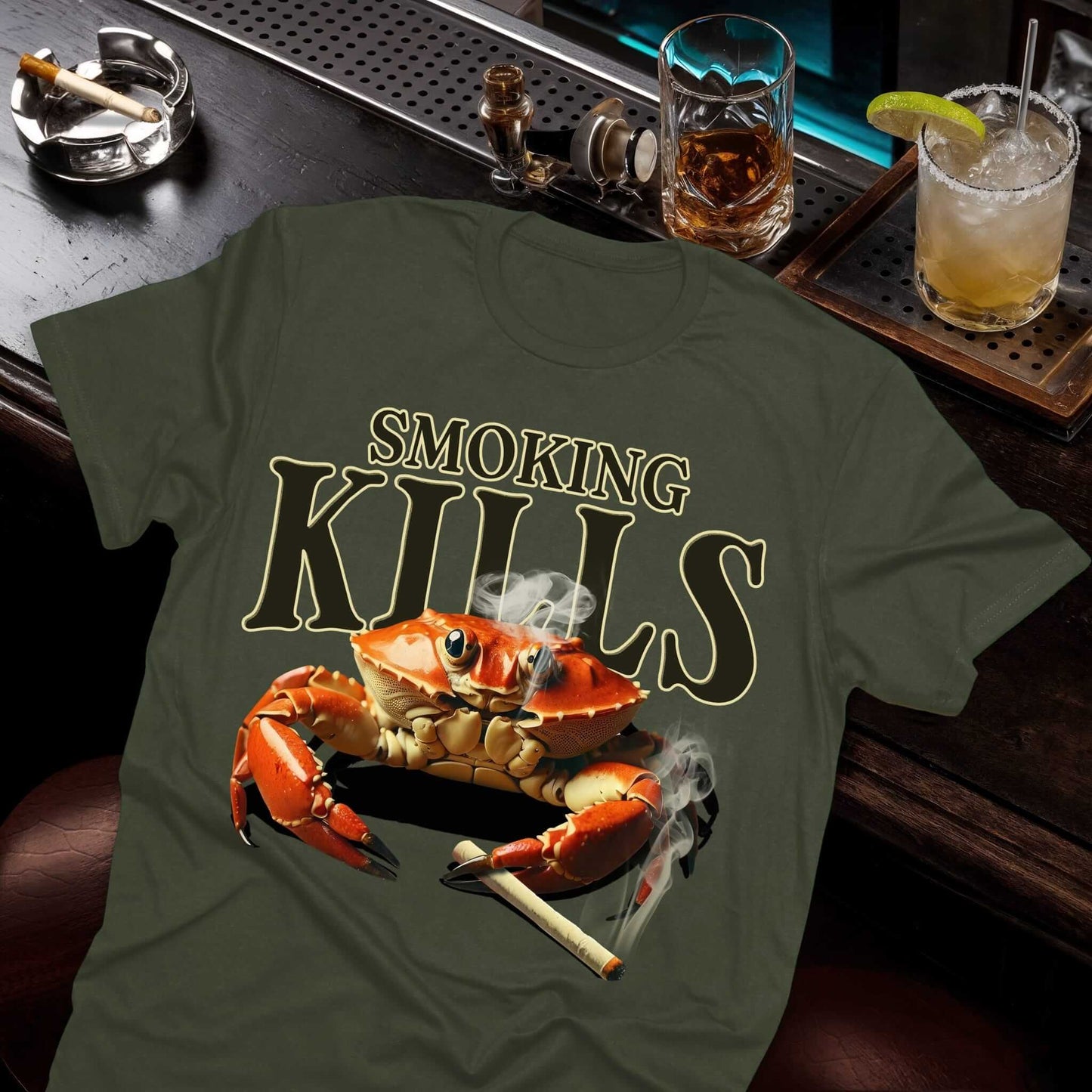 Green t-shirt with anti-smoking message with photorealistic crab smoking cigarette graphic, Vice and Tees streetwear design