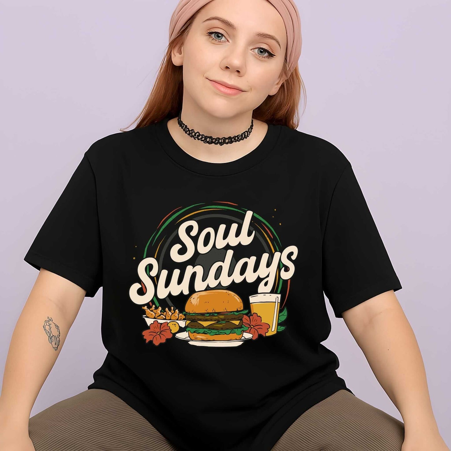 Soul Sundays retro script text with juicy burger, golden fries, foamy beer glass, rainbow arc, hibiscus flowers on black tee.