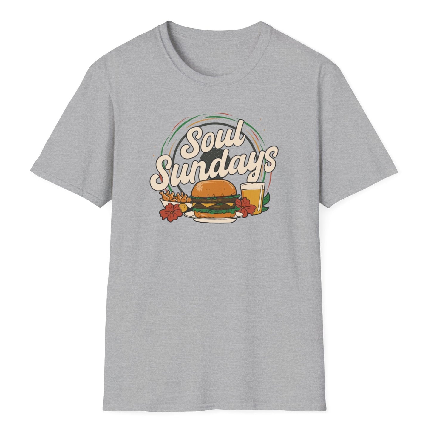 Vintage Soul Sundays typography, layered hamburger, side of fries, frothy beer, curved rainbow and flowers motifs on gray tee