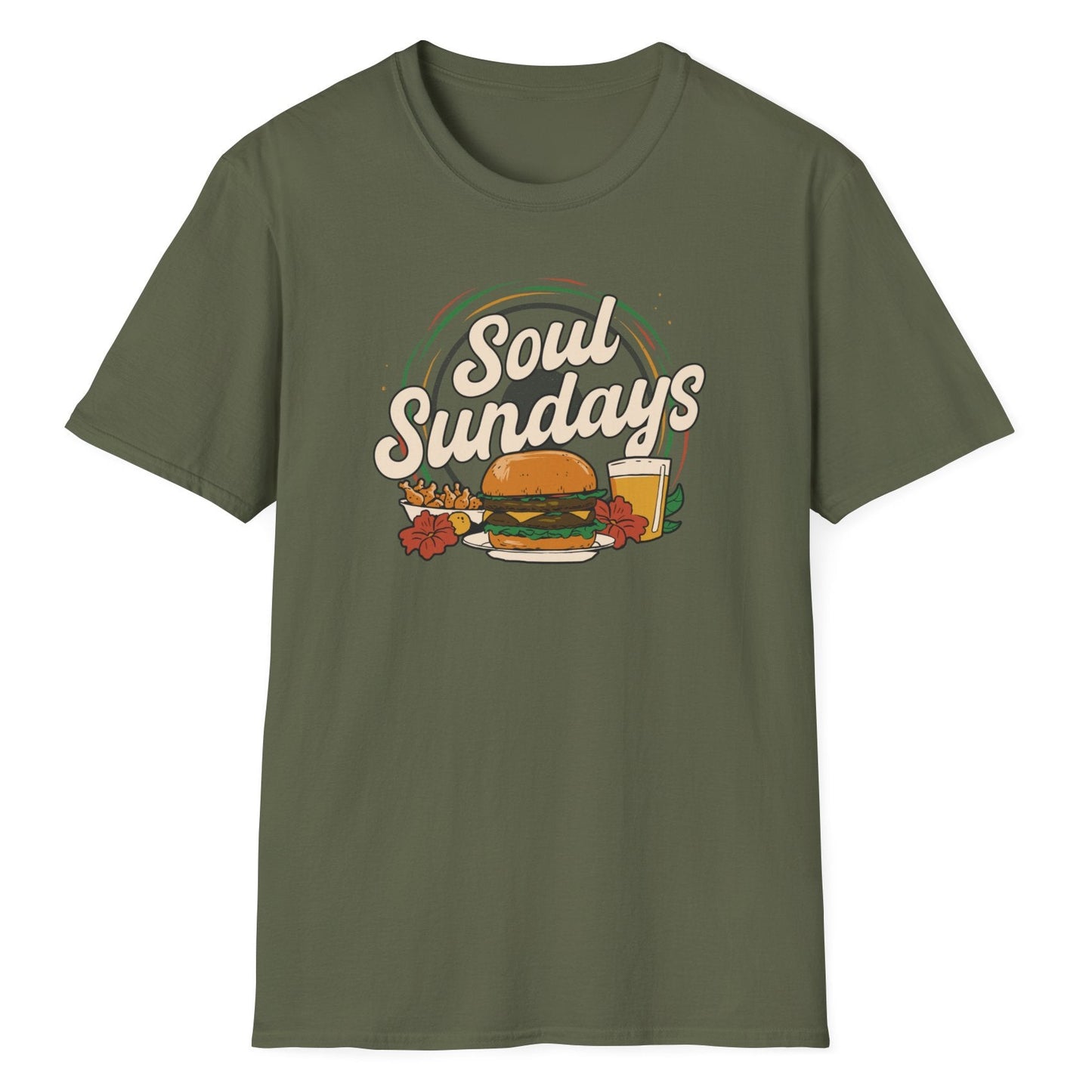 Soul Sundays hand-lettered design with gourmet burger on plate, crispy fries, tall beer glass, colorful arc & floral accents.